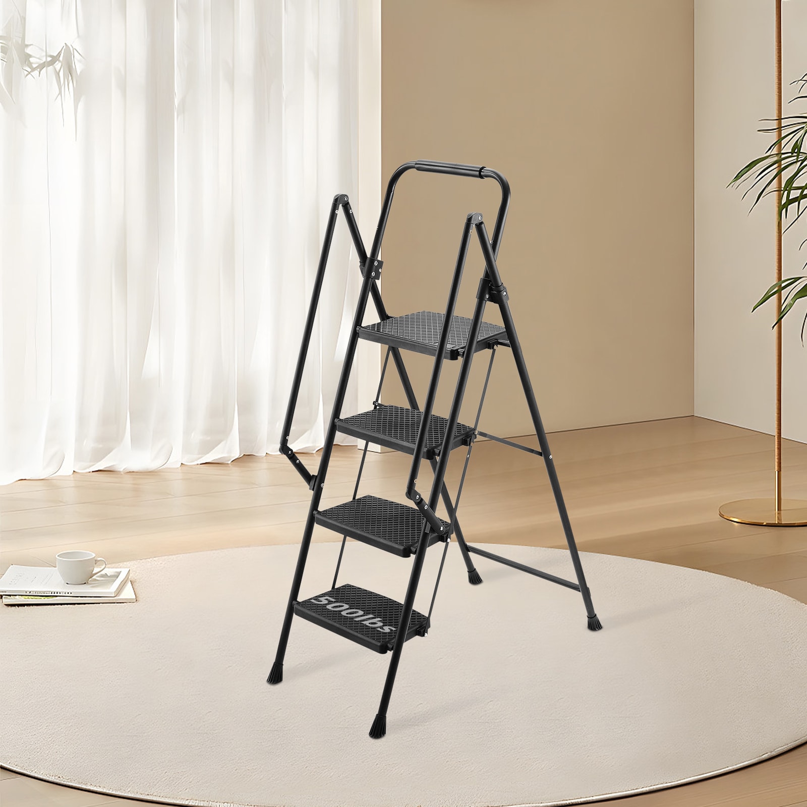 Escalera de 4 Peldaños Siavonce con Capacidad de 550 lb de Acero Negro Plegable XH94429