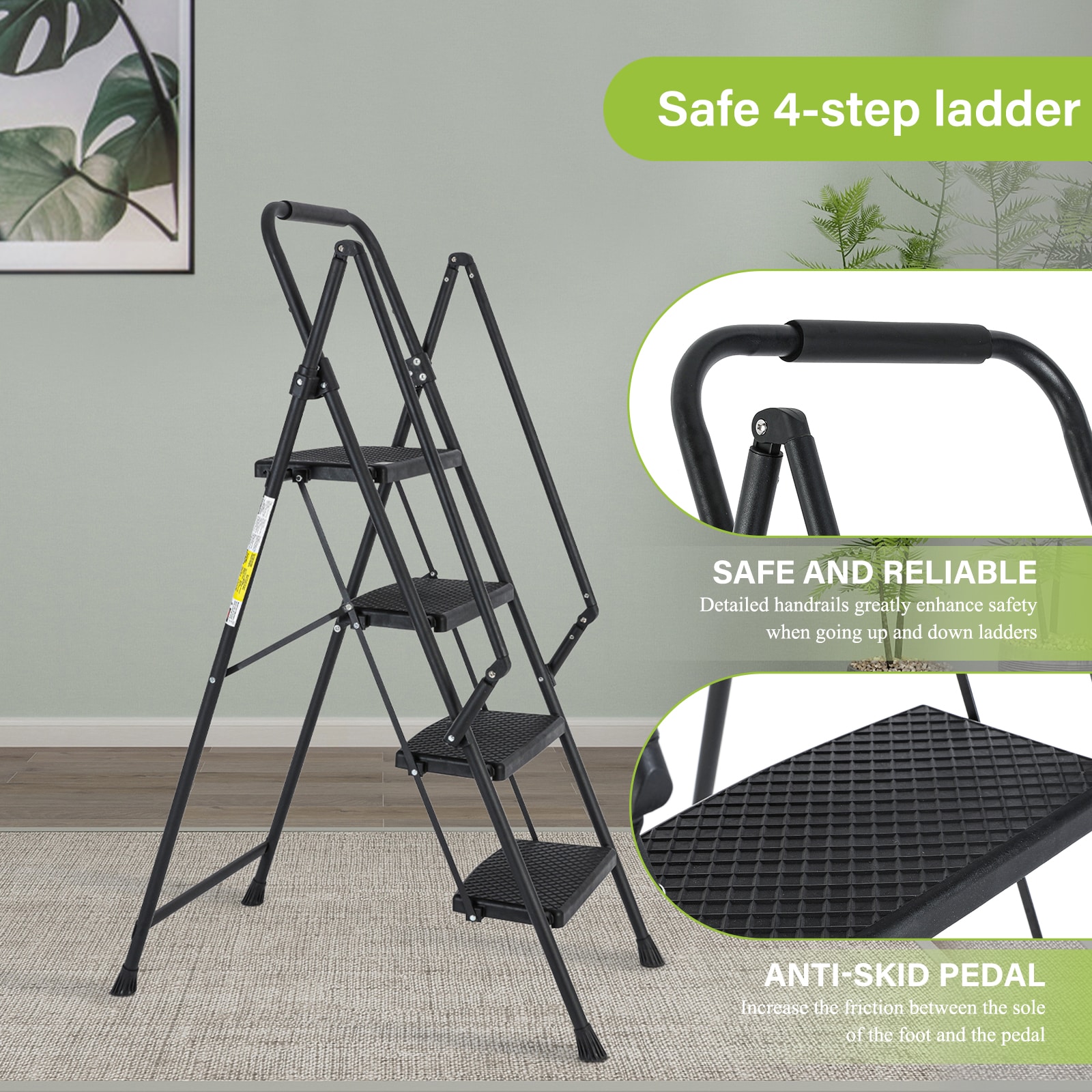 Escalera de 4 Peldaños Siavonce con Capacidad de 550 lb de Acero Negro Plegable XH94429