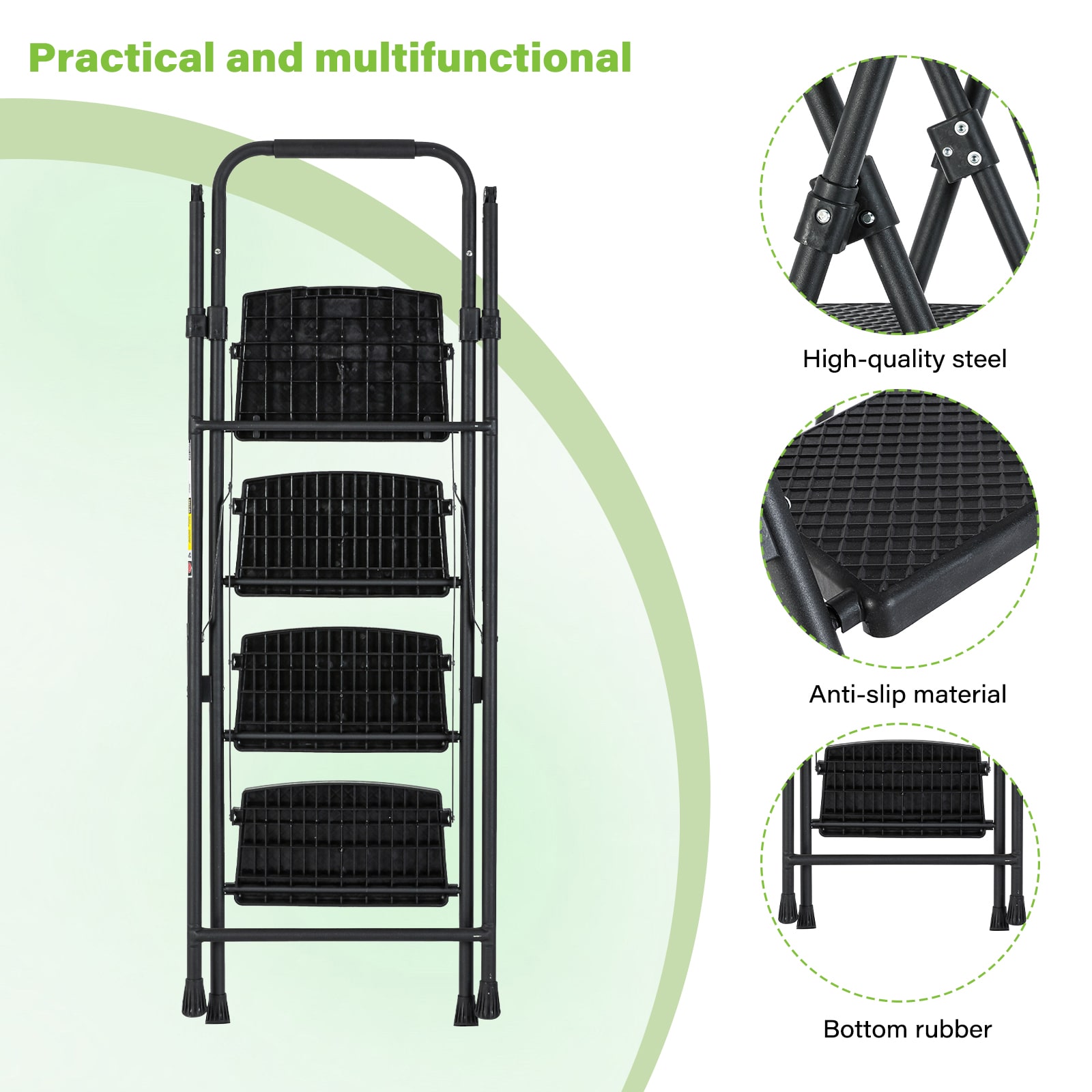 Escalera de 4 Peldaños Siavonce con Capacidad de 550 lb de Acero Negro Plegable XH94429