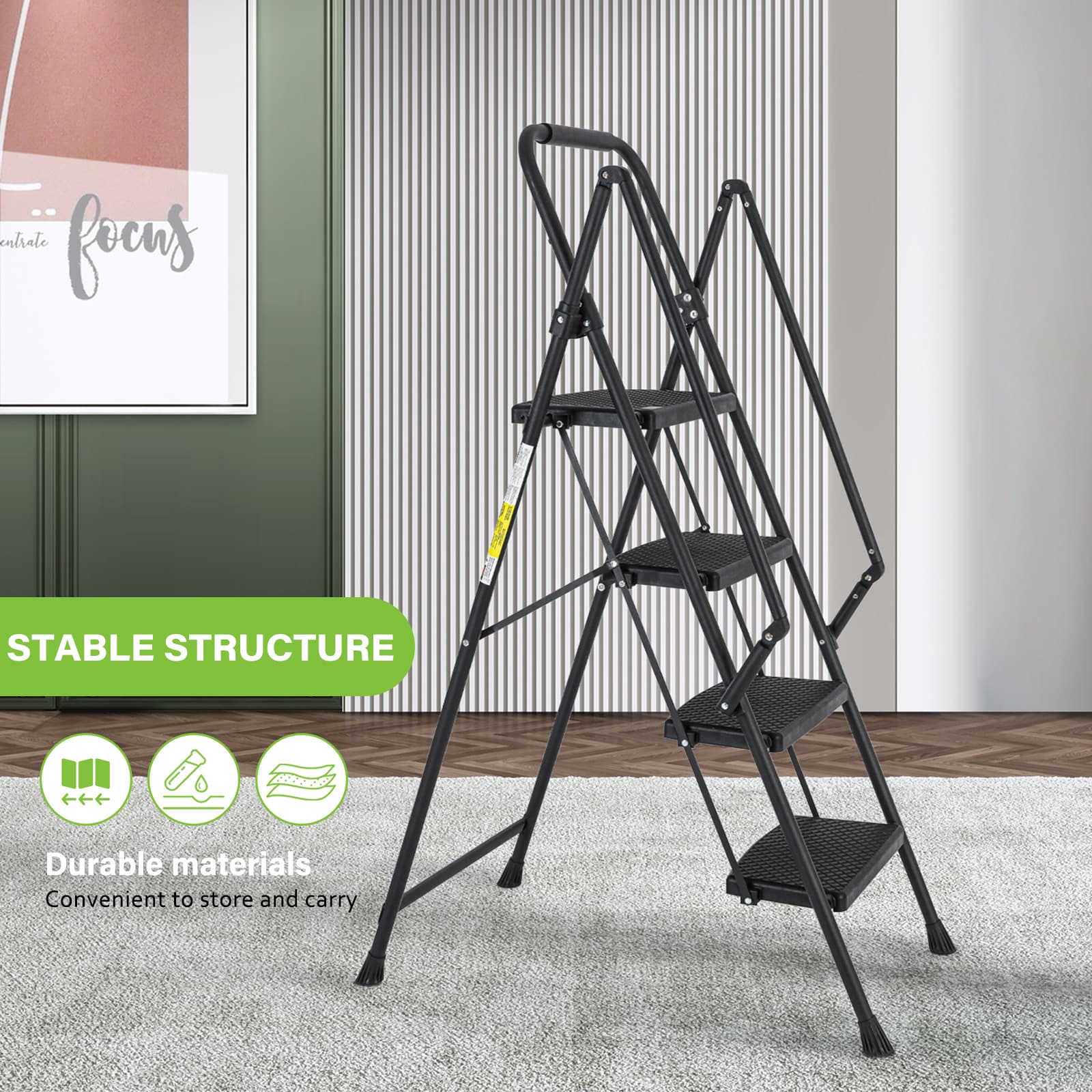 Escalera de 4 Peldaños Siavonce con Capacidad de 550 lb de Acero Negro Plegable XH94429
