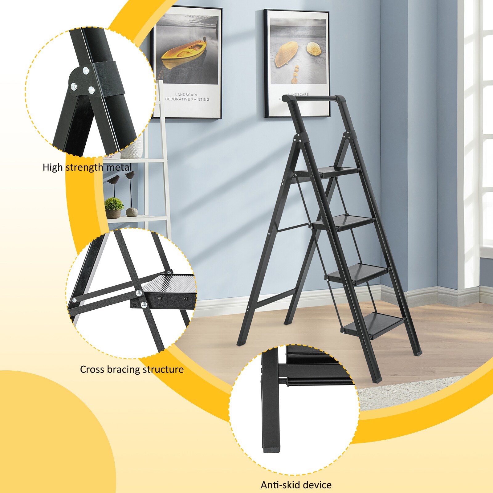 Escalera de 4 Peldaños Siavonce - Capacidad de 330 lb - Acero Negro Plegable XH06859