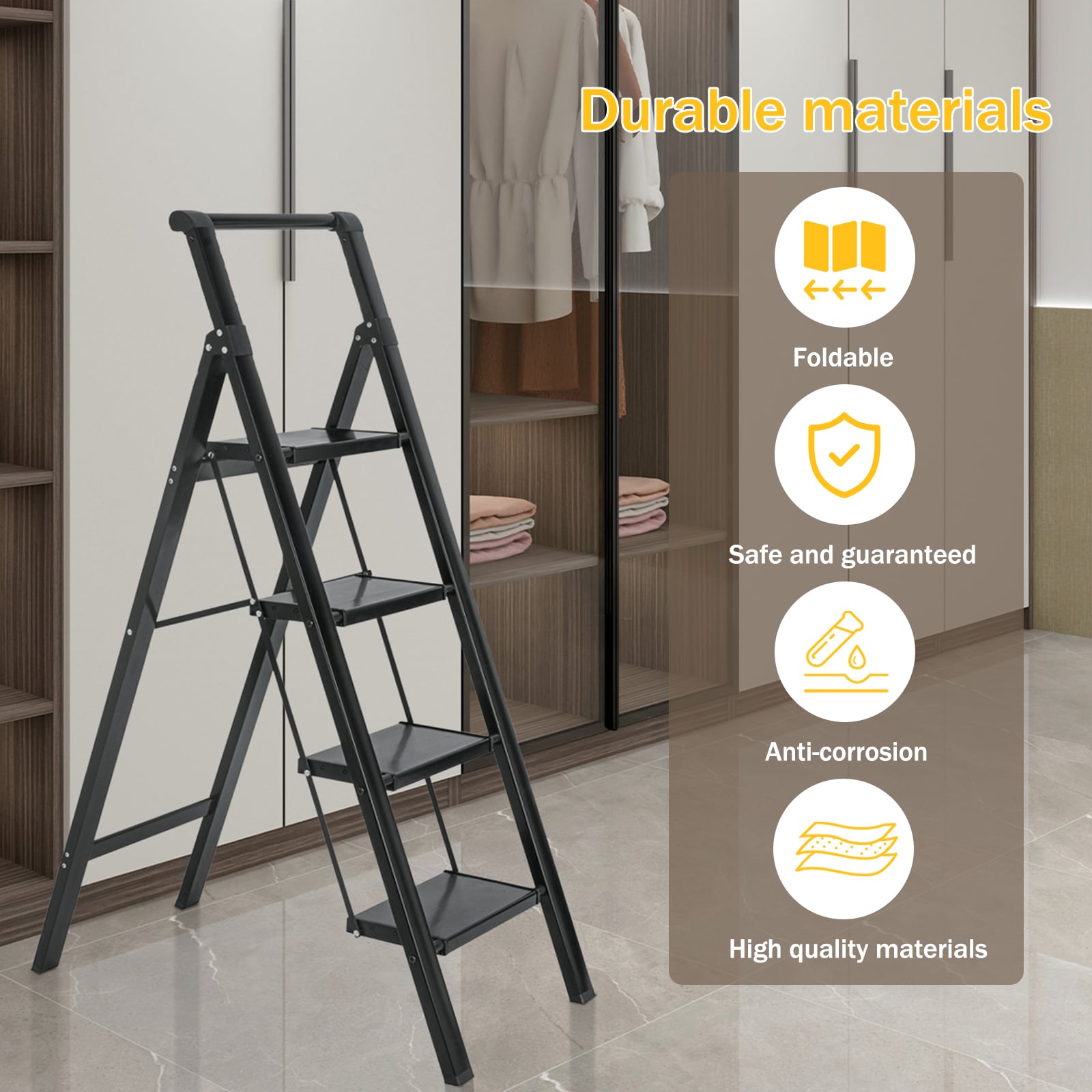 Escalera de 4 Peldaños Siavonce - Capacidad de 330 lb - Acero Negro Plegable XH06859
