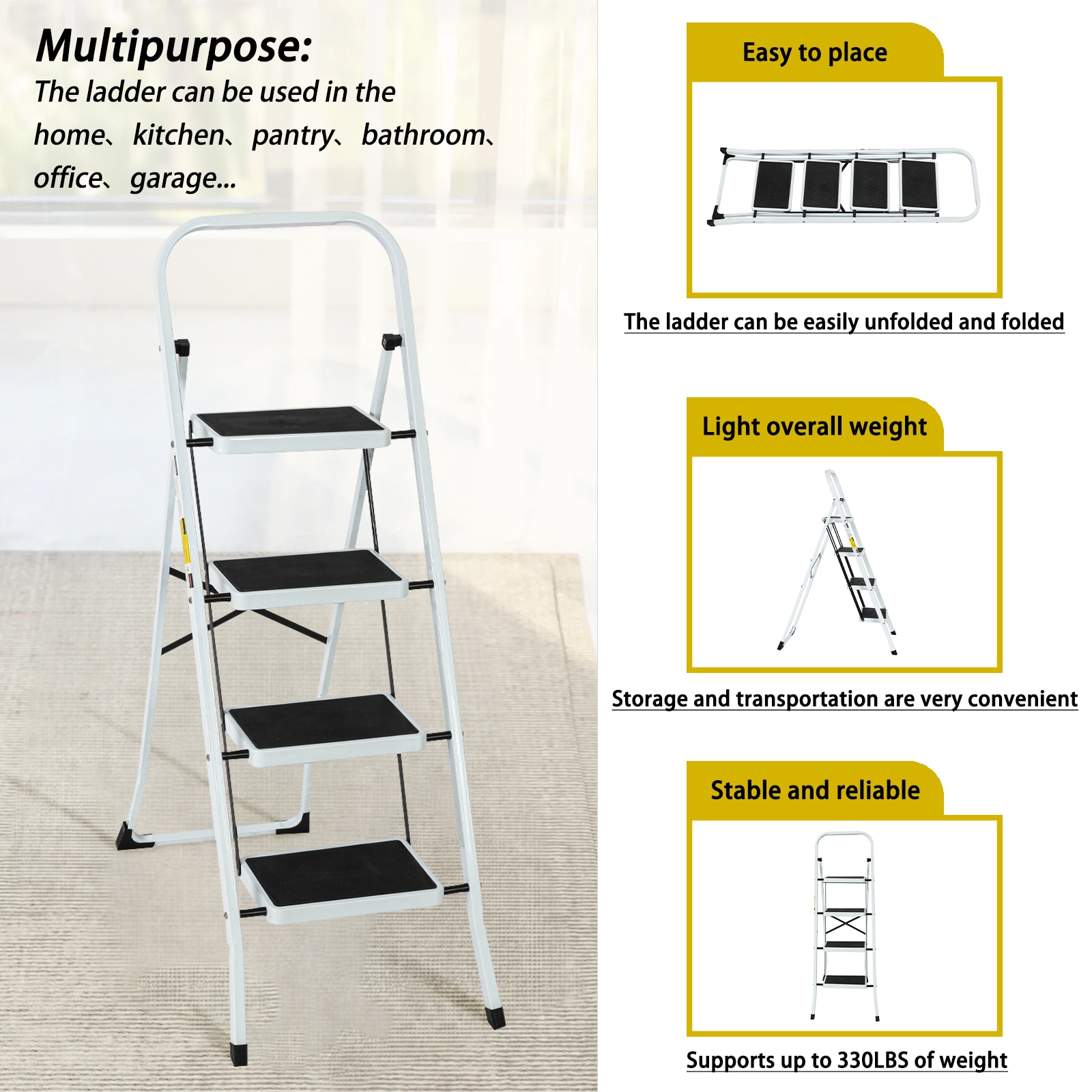 Taburete plegable de acero blanco con capacidad de 330 libras, 4 peldaños - Maocao Hoom