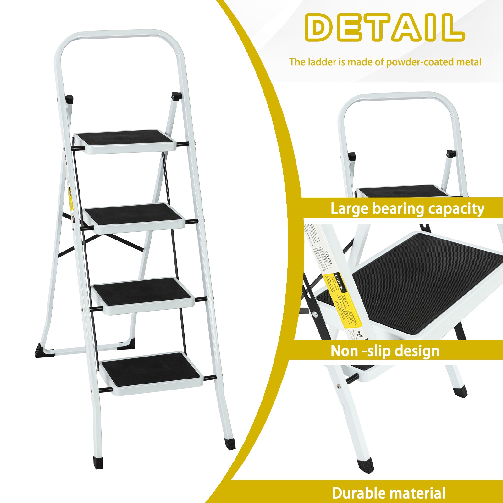 Taburete plegable de acero blanco con capacidad de 330 libras, 4 peldaños - Maocao Hoom