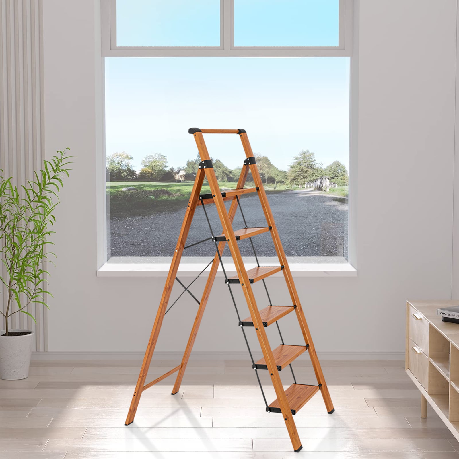 Taburete Plegable de Aluminio Marrón con Capacidad de 330 lb y 6 Peldaños Maocao Hoom H68193