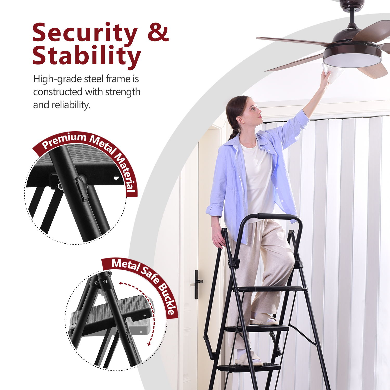 Taburete plegable de acero negro con capacidad de 300 libras de 4 pasos WELLFOR TL-HGY-32758
