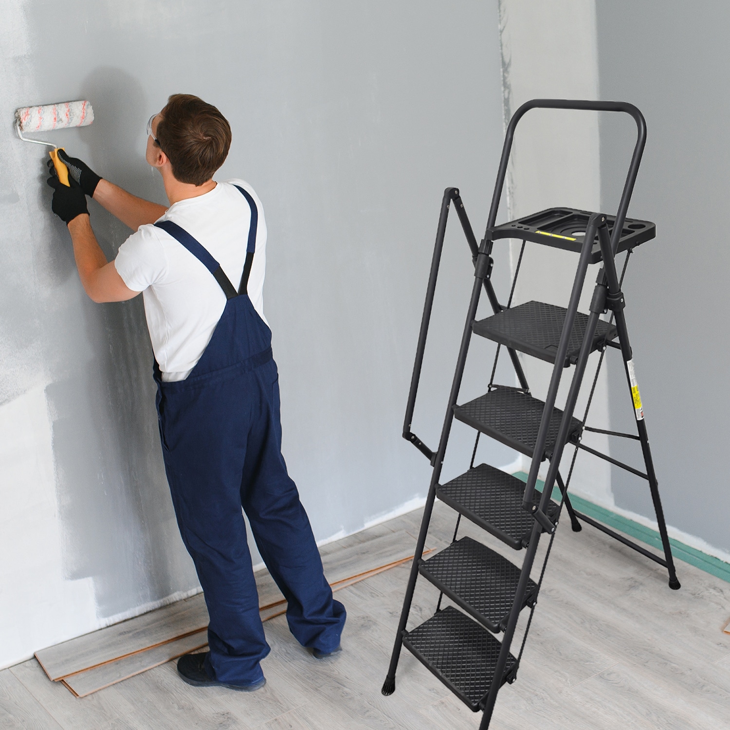 Escalera de 5 pasos Siavonce con capacidad de 500 lb en acero negro plegable de XH06900