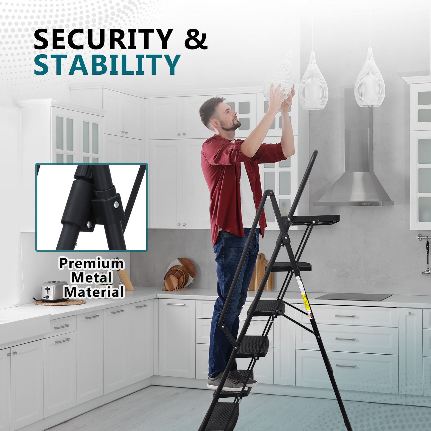 Escalera de 5 pasos Siavonce con capacidad de 500 lb en acero negro plegable de XH06900