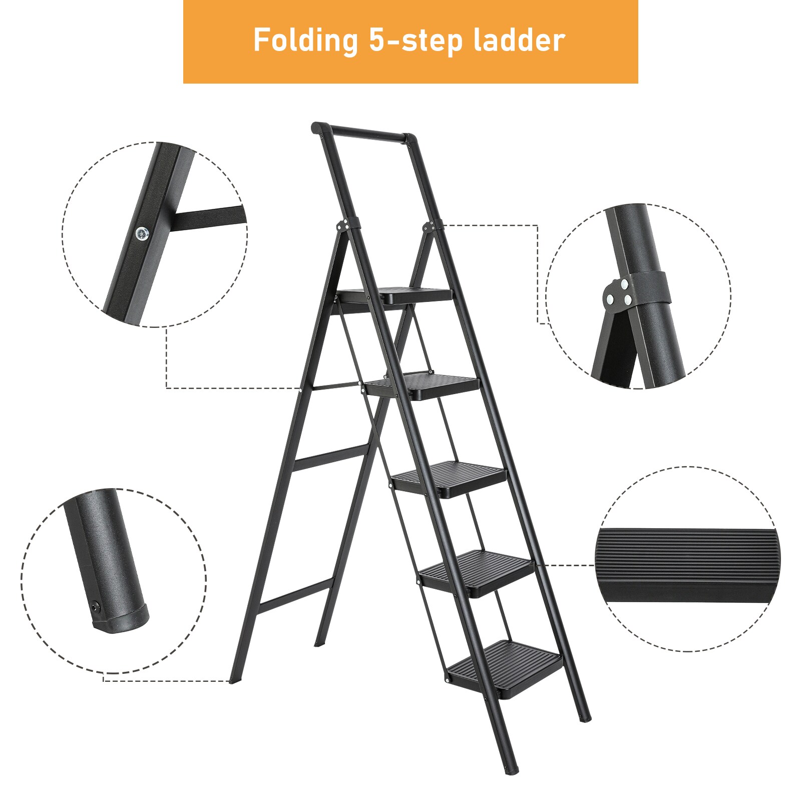 Escalera plegable de aluminio negro con capacidad de 330 lb de Maocao Hoom de 5 peldaños