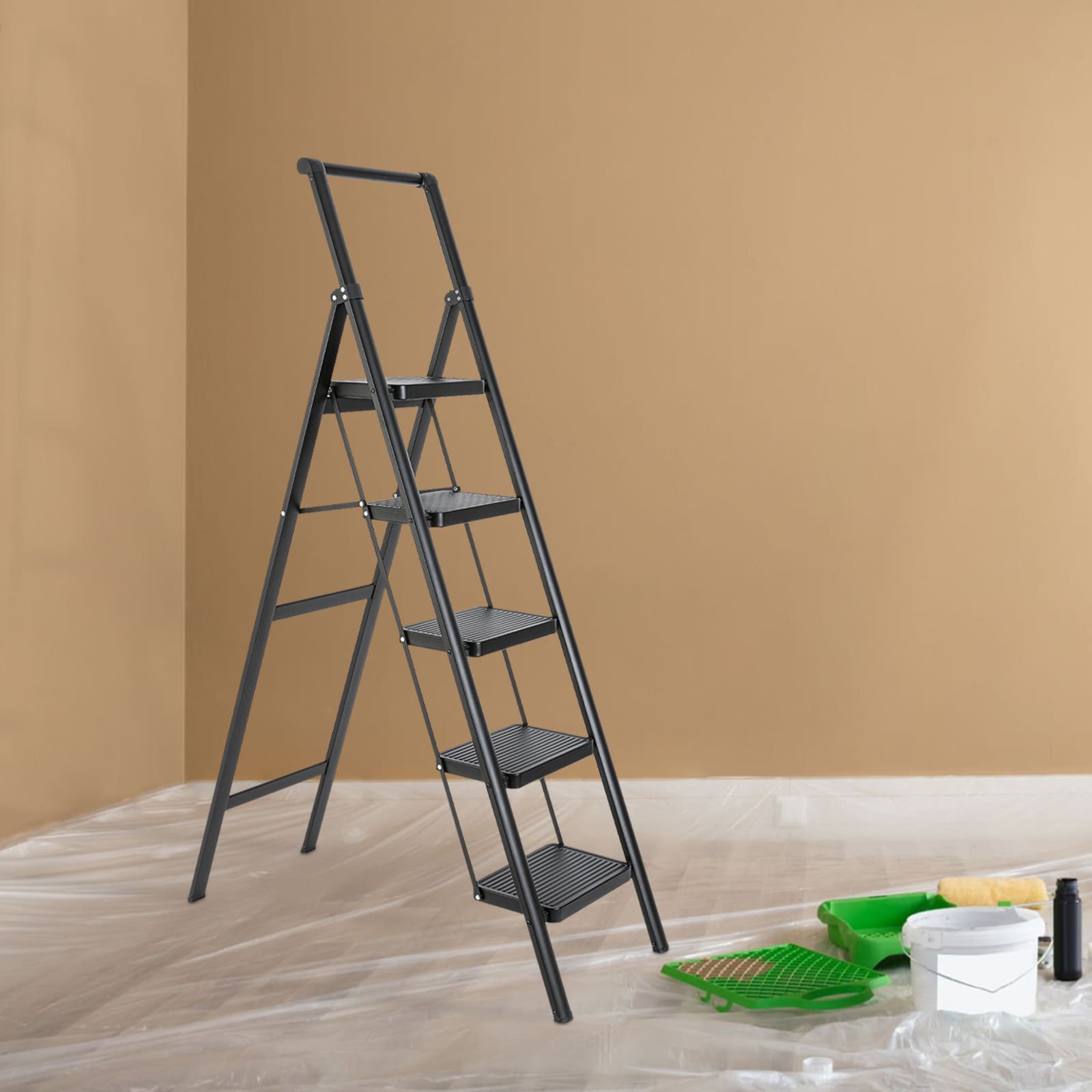 Escalera plegable de aluminio negro con capacidad de 330 lb de Maocao Hoom de 5 peldaños