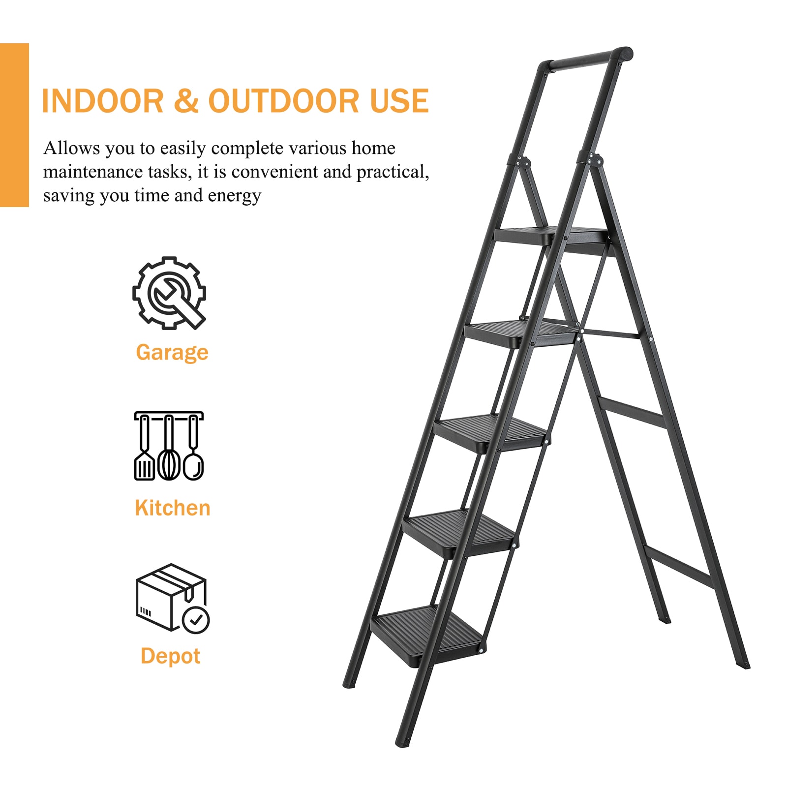 Escalera plegable de aluminio negro con capacidad de 330 lb de Maocao Hoom de 5 peldaños