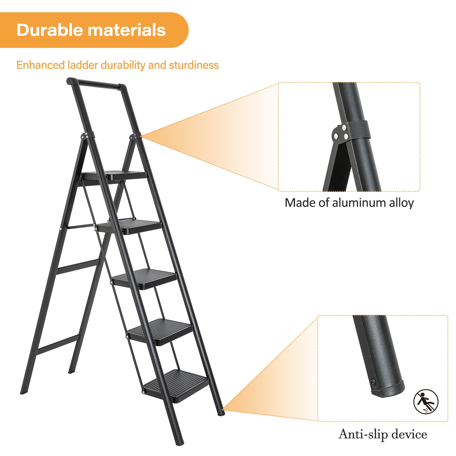 Escalera plegable de aluminio negro con capacidad de 330 lb de Maocao Hoom de 5 peldaños