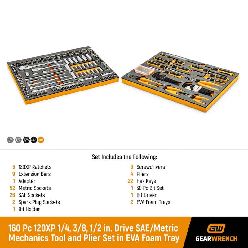 Juego de herramientas estándar de alicate y mecánico GEARWRENCH 120 XP de 1/4, 3/8 y 1/2 pulgadas en bandejas de espuma EVA (160 piezas) - 8299883071CB.