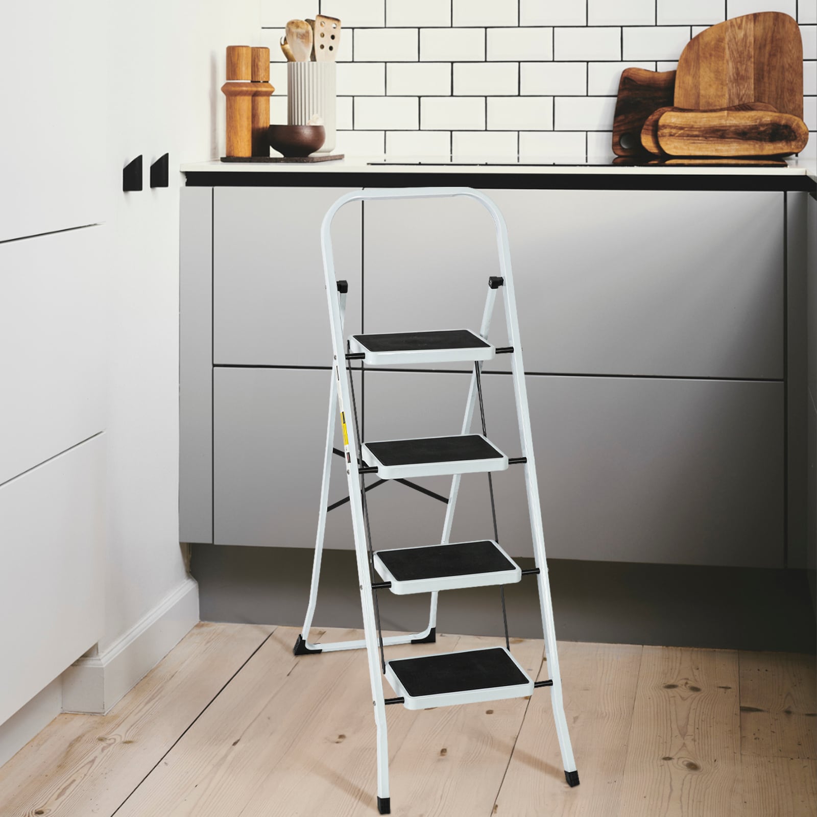 Escalonadore Plegable de Acero Blanco de 4 Peldanos con Capacidad de 330 lbs. Flynama J-V-68184