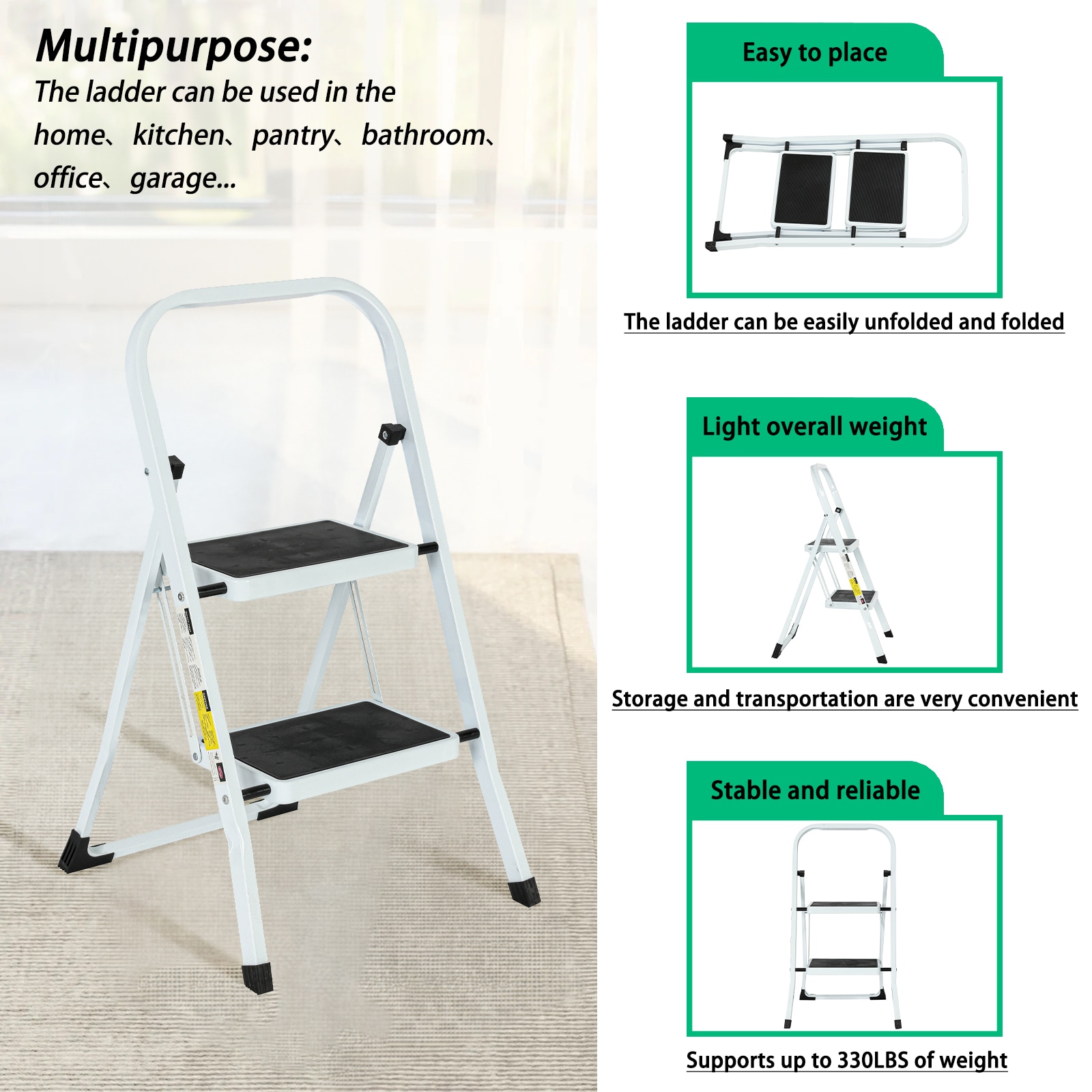 Escalerilla Plegable de Acero Blanco con Capacidad de 330 lb y 2 Peldaños - Maocao Hoom