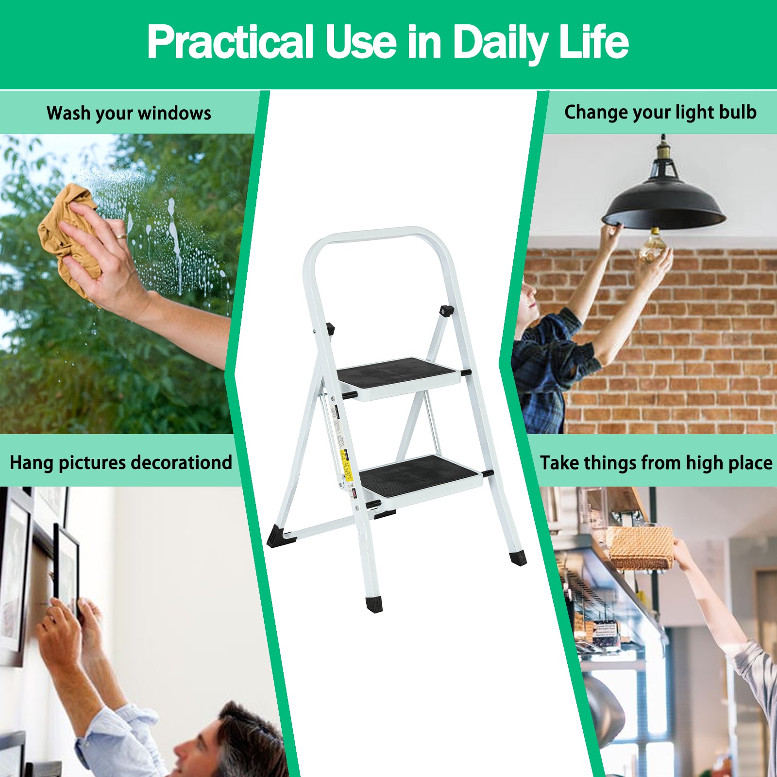 Escalerilla Plegable de Acero Blanco con Capacidad de 330 lb y 2 Peldaños - Maocao Hoom