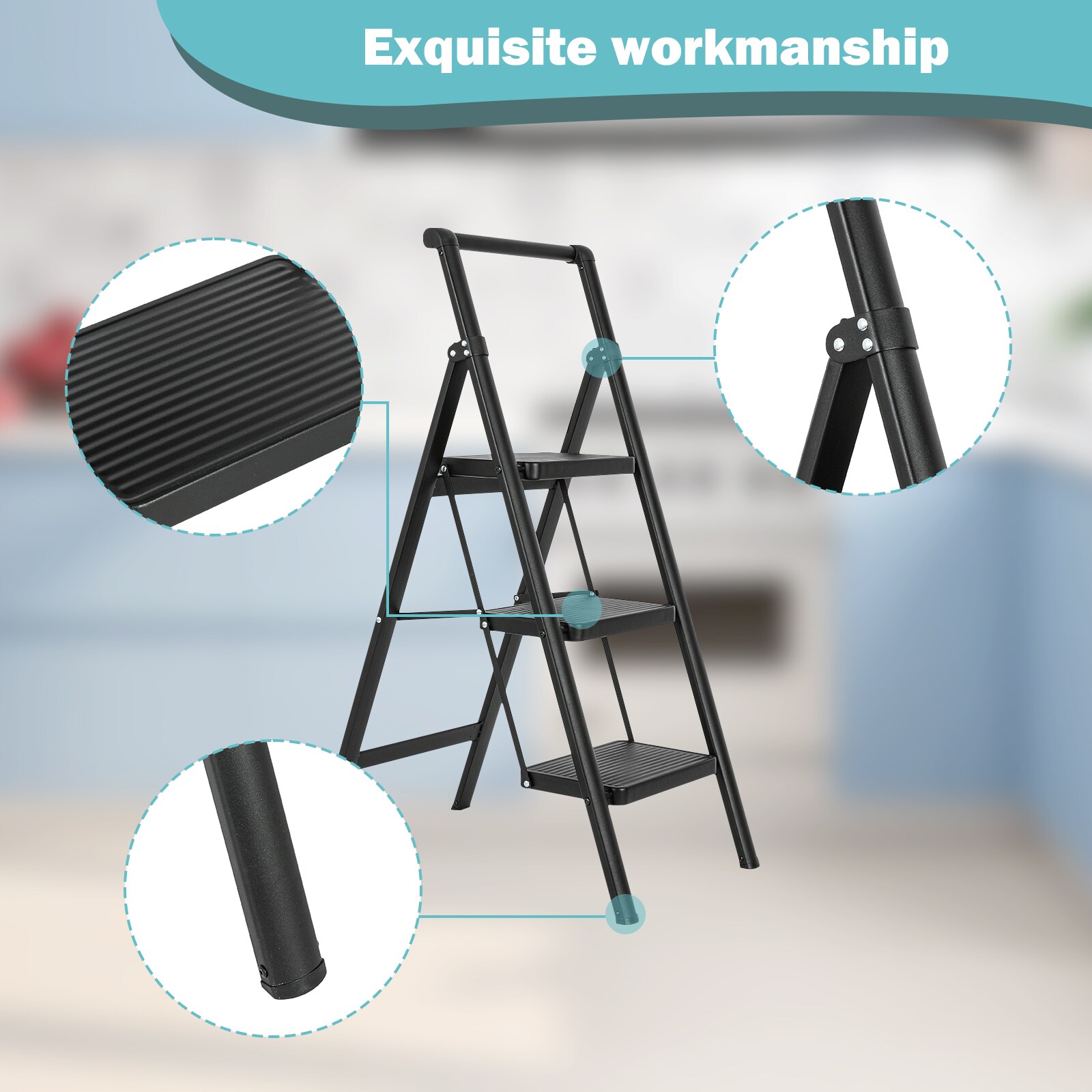 Escalera de 3 peldaños Siavonce con capacidad de 330 lb en acero negro plegable, modelo XH06885