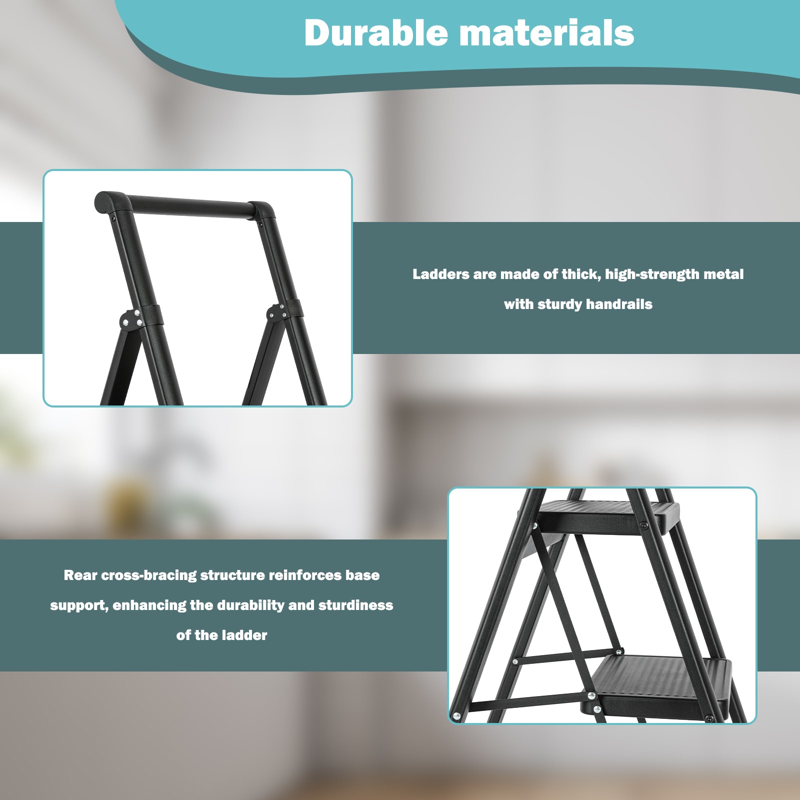 Escalera de 3 peldaños Siavonce con capacidad de 330 lb en acero negro plegable, modelo XH06885