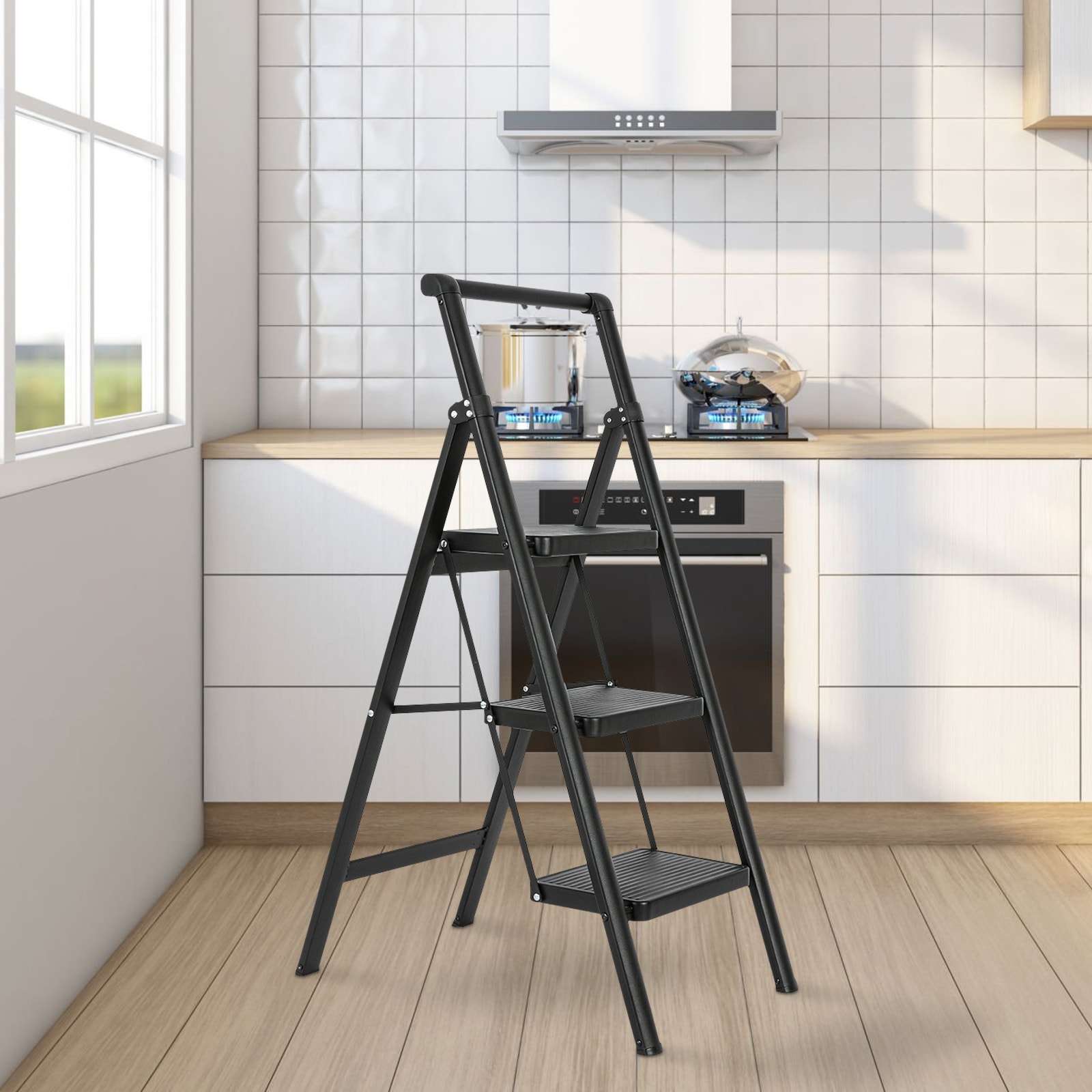 Escalera de 3 peldaños Siavonce con capacidad de 330 lb en acero negro plegable, modelo XH06885
