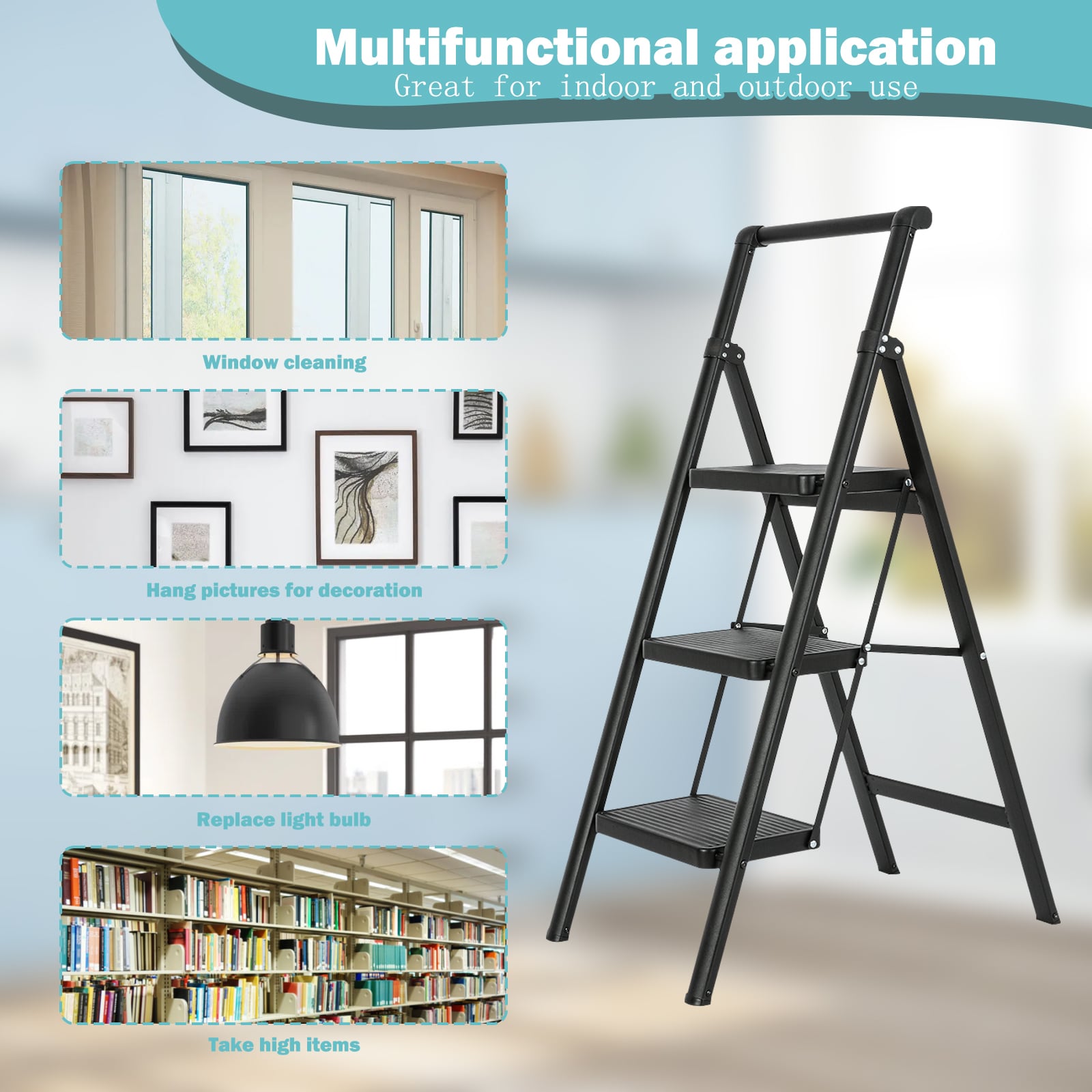 Escalera de 3 peldaños Siavonce con capacidad de 330 lb en acero negro plegable, modelo XH06885