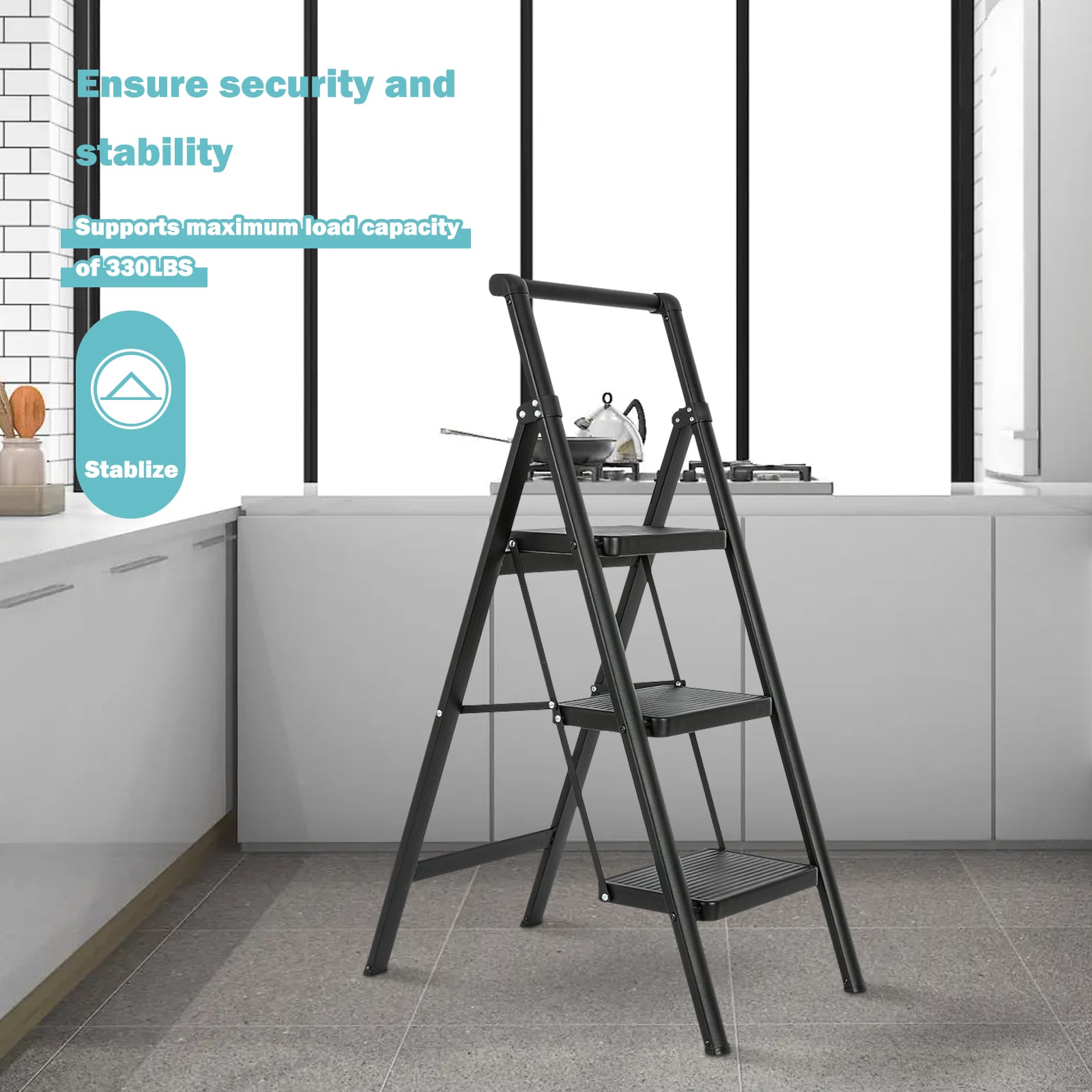 Escalera de 3 peldaños Siavonce con capacidad de 330 lb en acero negro plegable, modelo XH06885