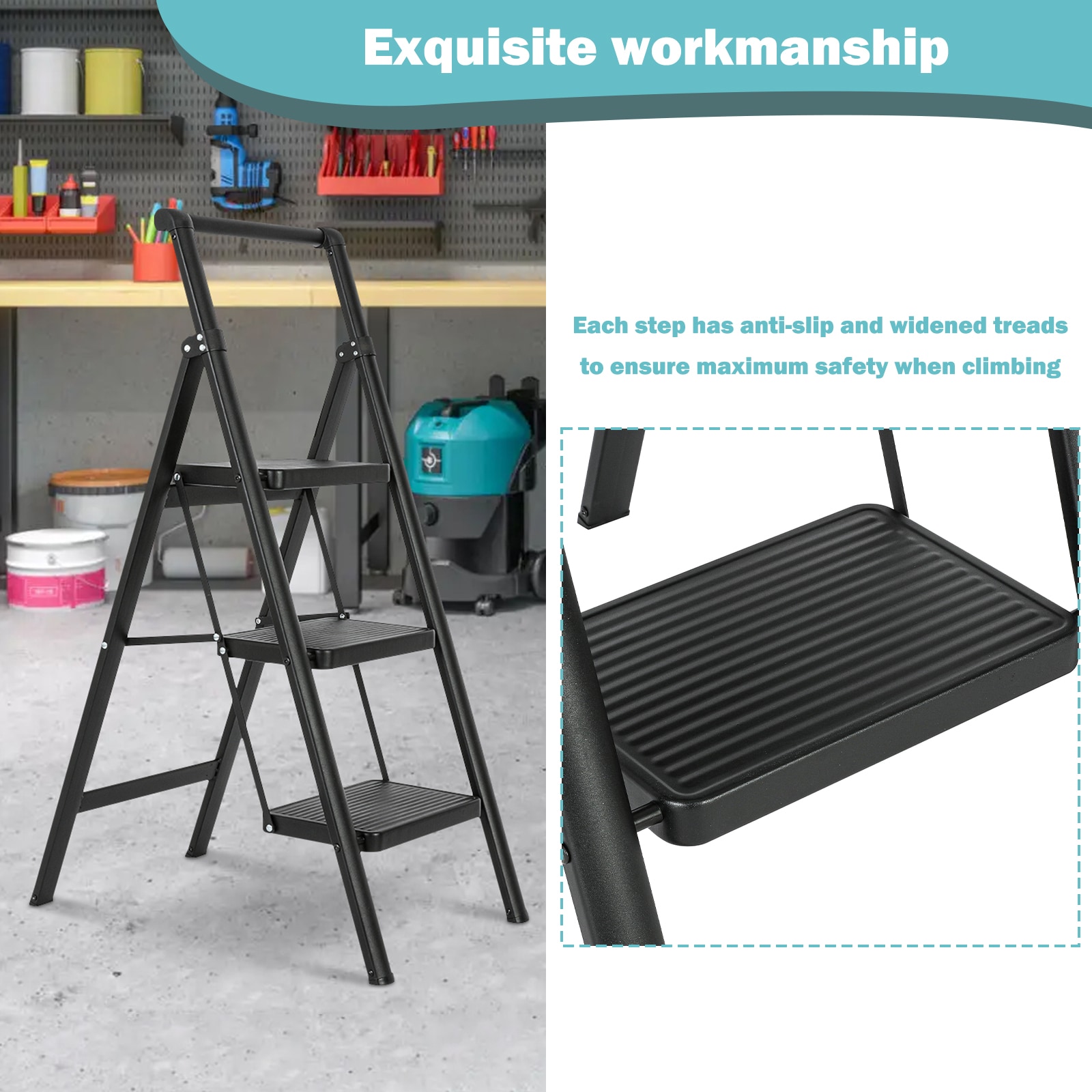 Escalera de 3 peldaños Siavonce con capacidad de 330 lb en acero negro plegable, modelo XH06885
