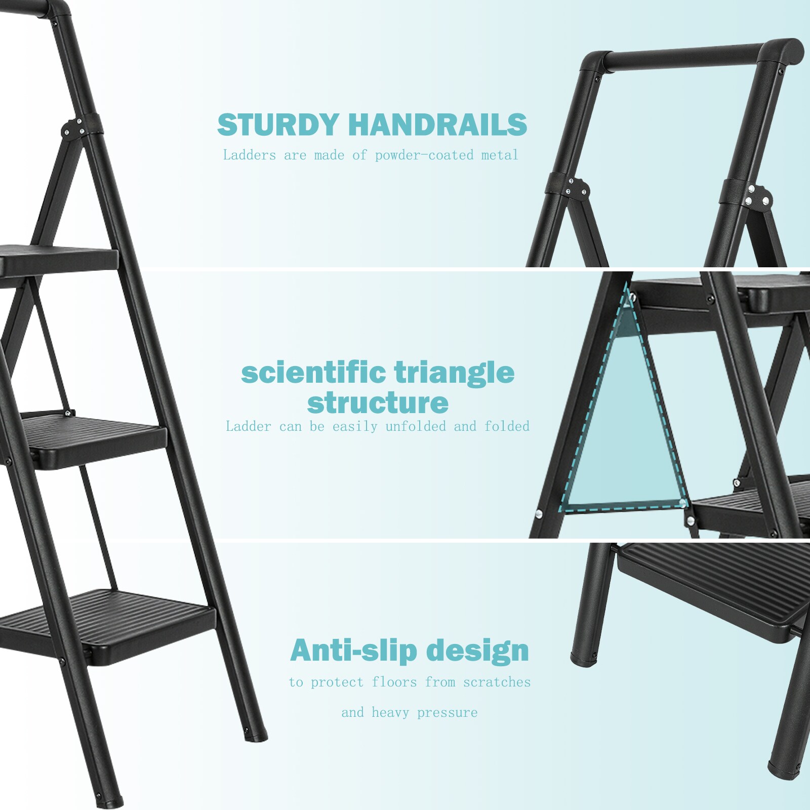 Escalera de 3 peldaños Siavonce con capacidad de 330 lb en acero negro plegable, modelo XH06885