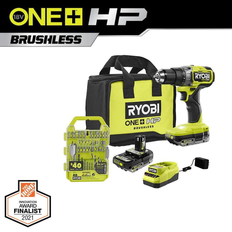 RYOBI ONE+ HP 18V Taladro/Atornillador inalámbrico sin escobillas de 1/2 pulgadas con kit de (2) baterías, cargador, bolsa y kit de taladro/atornillador (40 piezas) - PBLDD01K-A98401