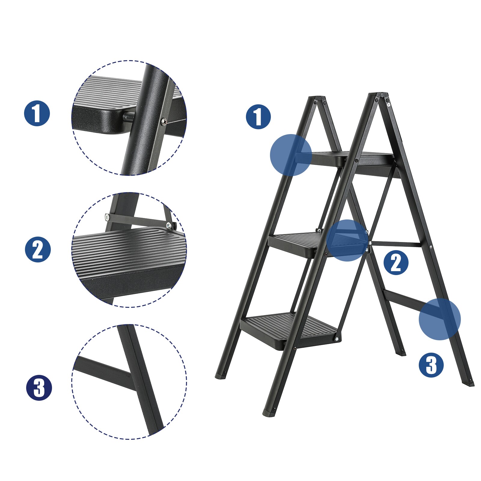Escalera de 3 Pasos Siavonce con Capacidad de 330 libras en Acero Negro Plegable - Modelo XH06886