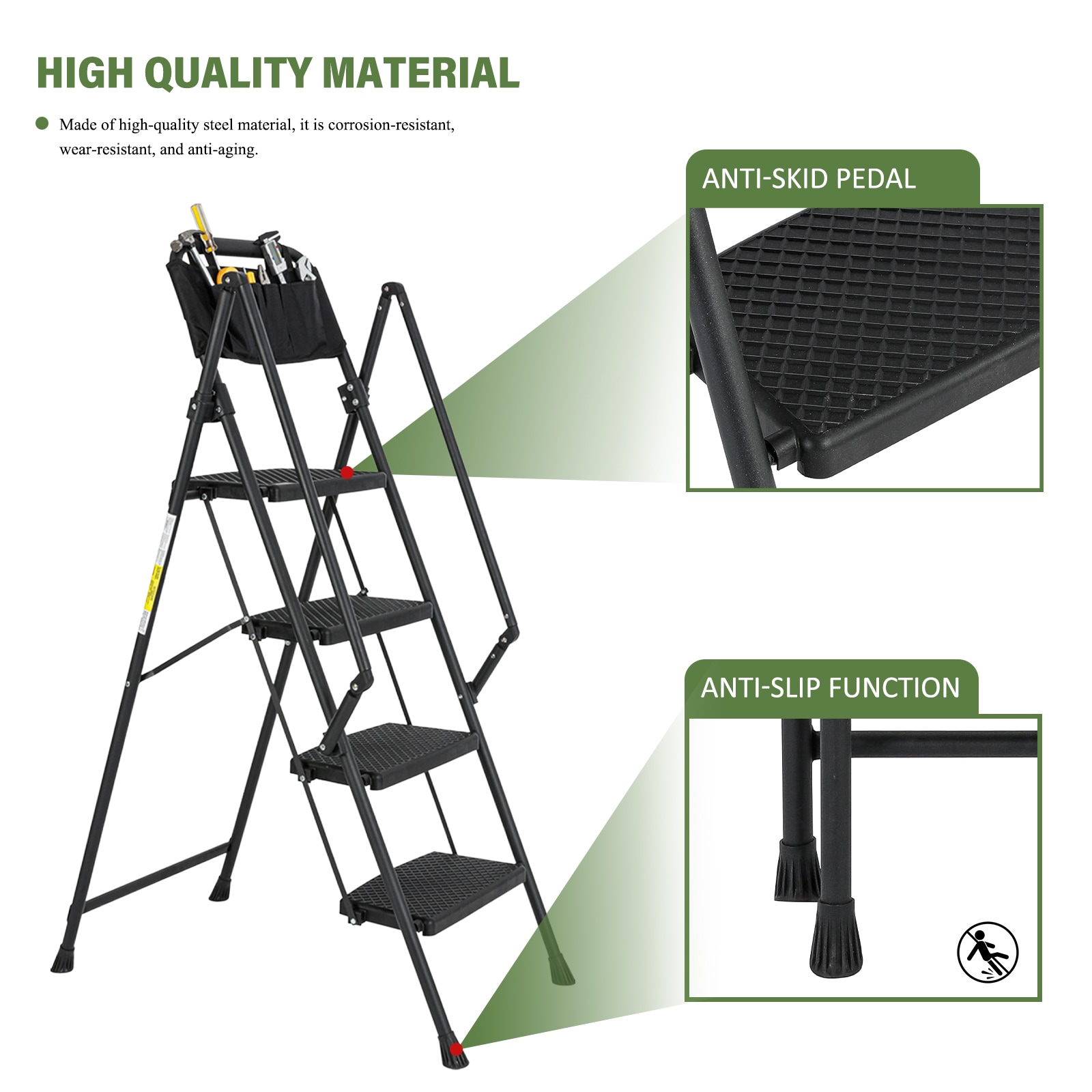 Escalera de 4 peldaños Siavonce con capacidad de 550 lb de acero negro plegable paso a paso XH06823
