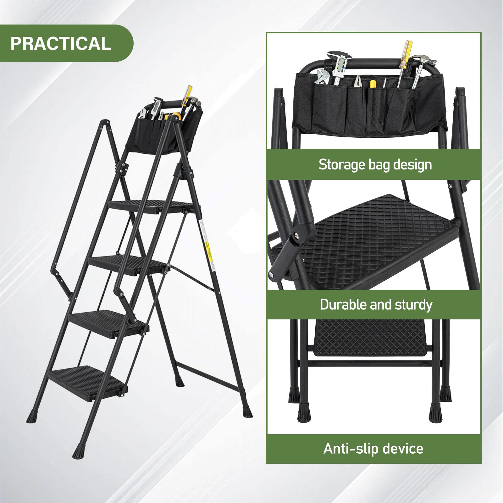 Escalera de 4 peldaños Siavonce con capacidad de 550 lb de acero negro plegable paso a paso XH06823