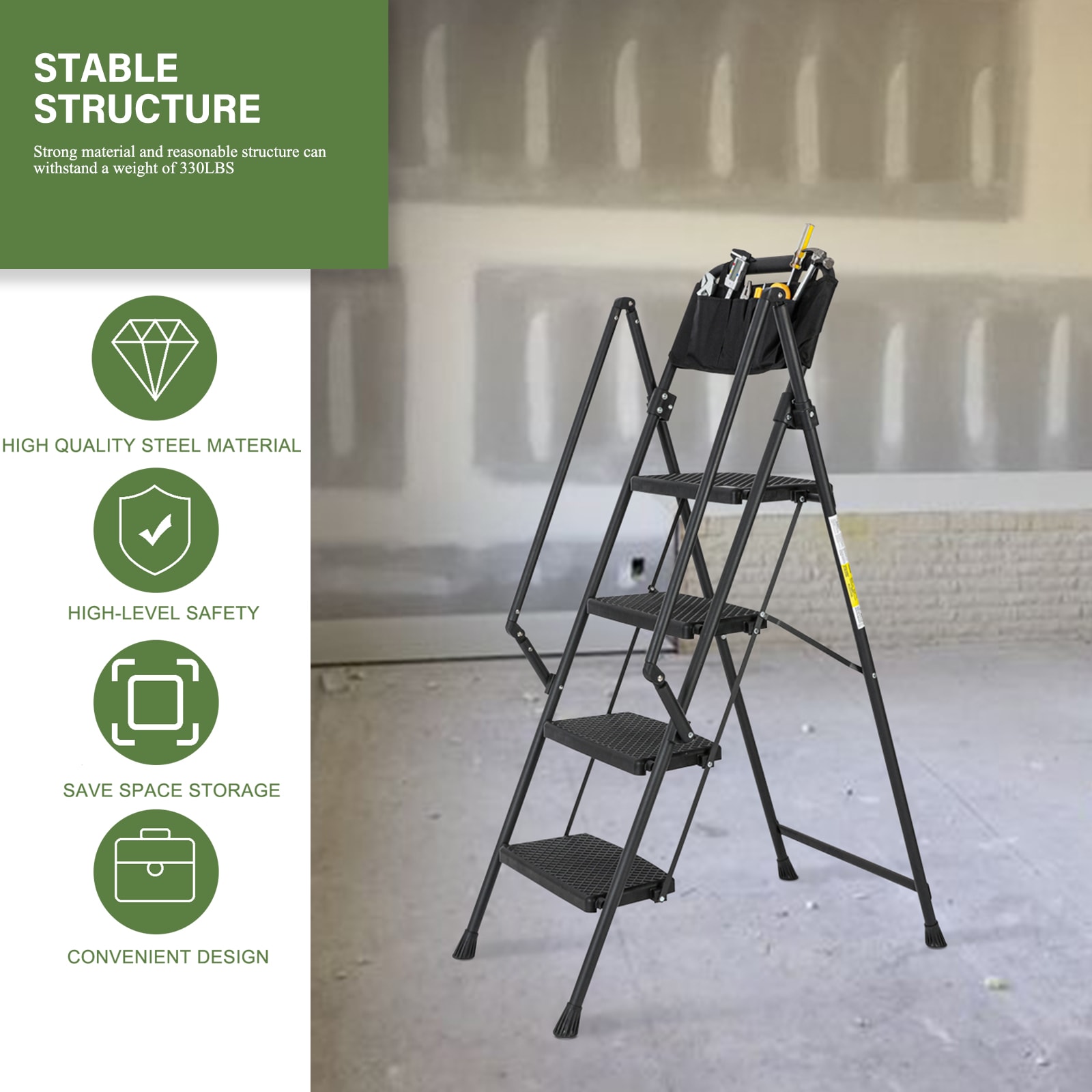 Escalera de 4 peldaños Siavonce con capacidad de 550 lb de acero negro plegable paso a paso XH06823