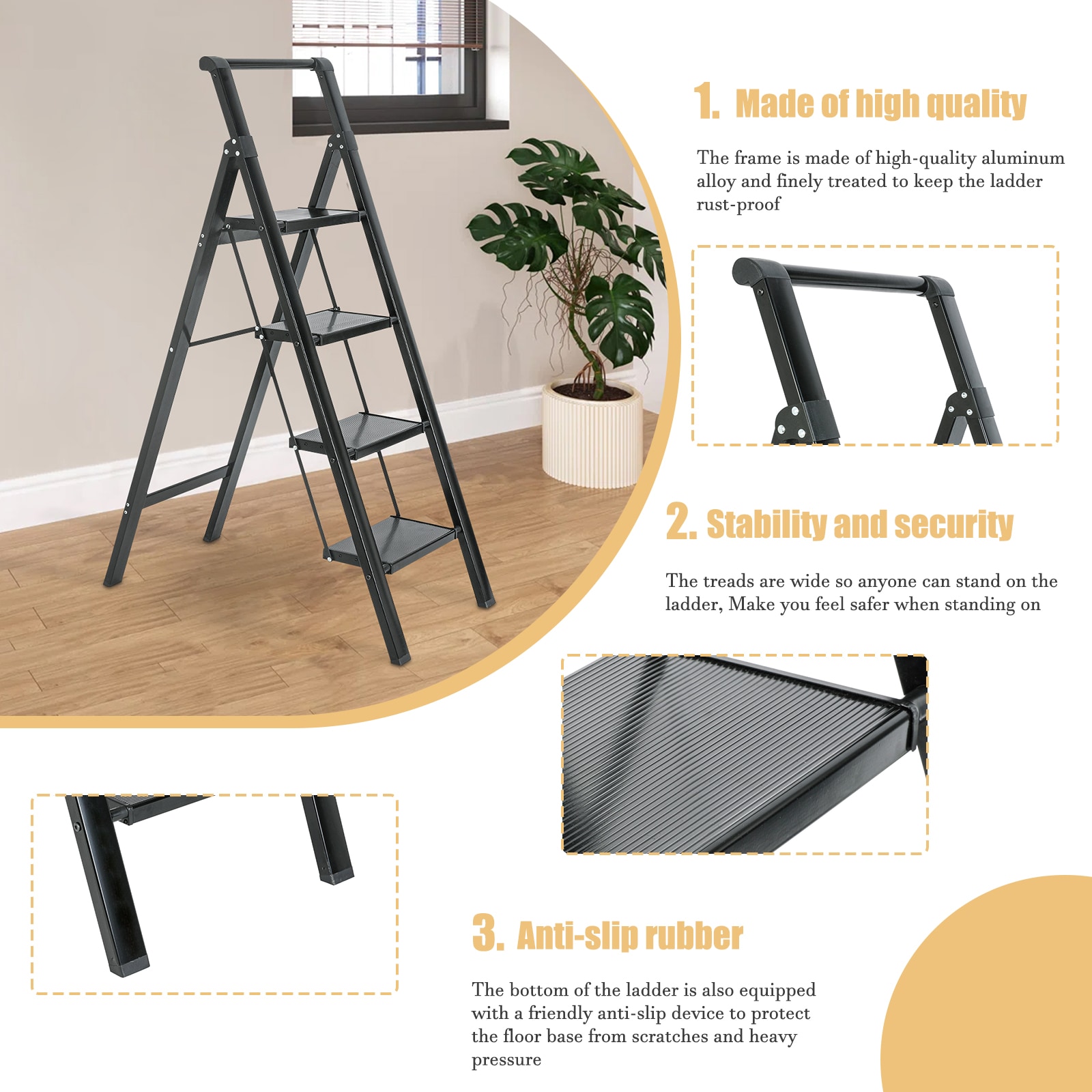Taburete Plegable de Aluminio Negro Maocao Hoom 4-Pasos con Capacidad de 330 lb