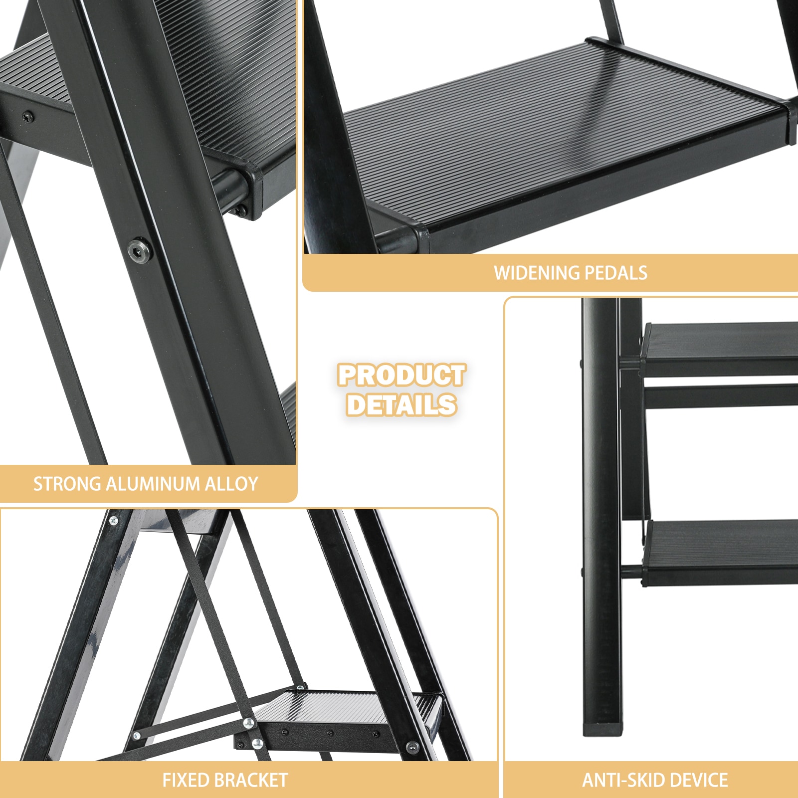 Taburete Plegable de Aluminio Negro Maocao Hoom 4-Pasos con Capacidad de 330 lb