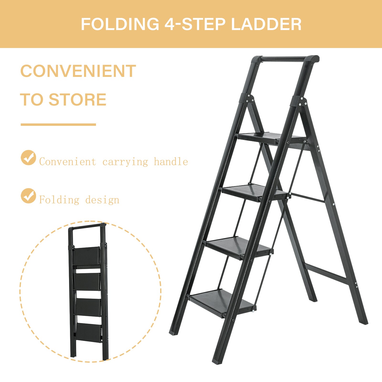 Taburete Plegable de Aluminio Negro Maocao Hoom 4-Pasos con Capacidad de 330 lb
