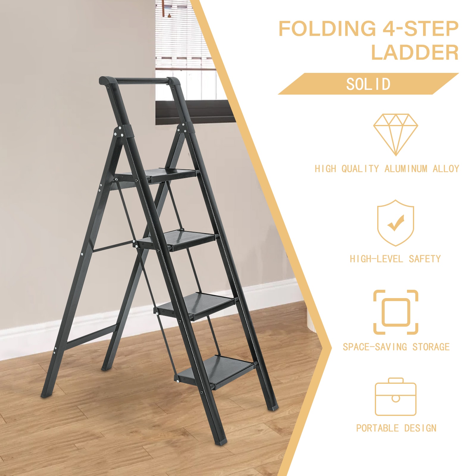Taburete Plegable de Aluminio Negro Maocao Hoom 4-Pasos con Capacidad de 330 lb