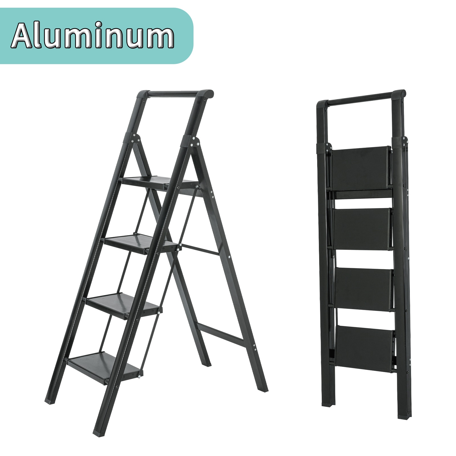 Taburete Plegable de Aluminio Negro Maocao Hoom 4-Pasos con Capacidad de 330 lb