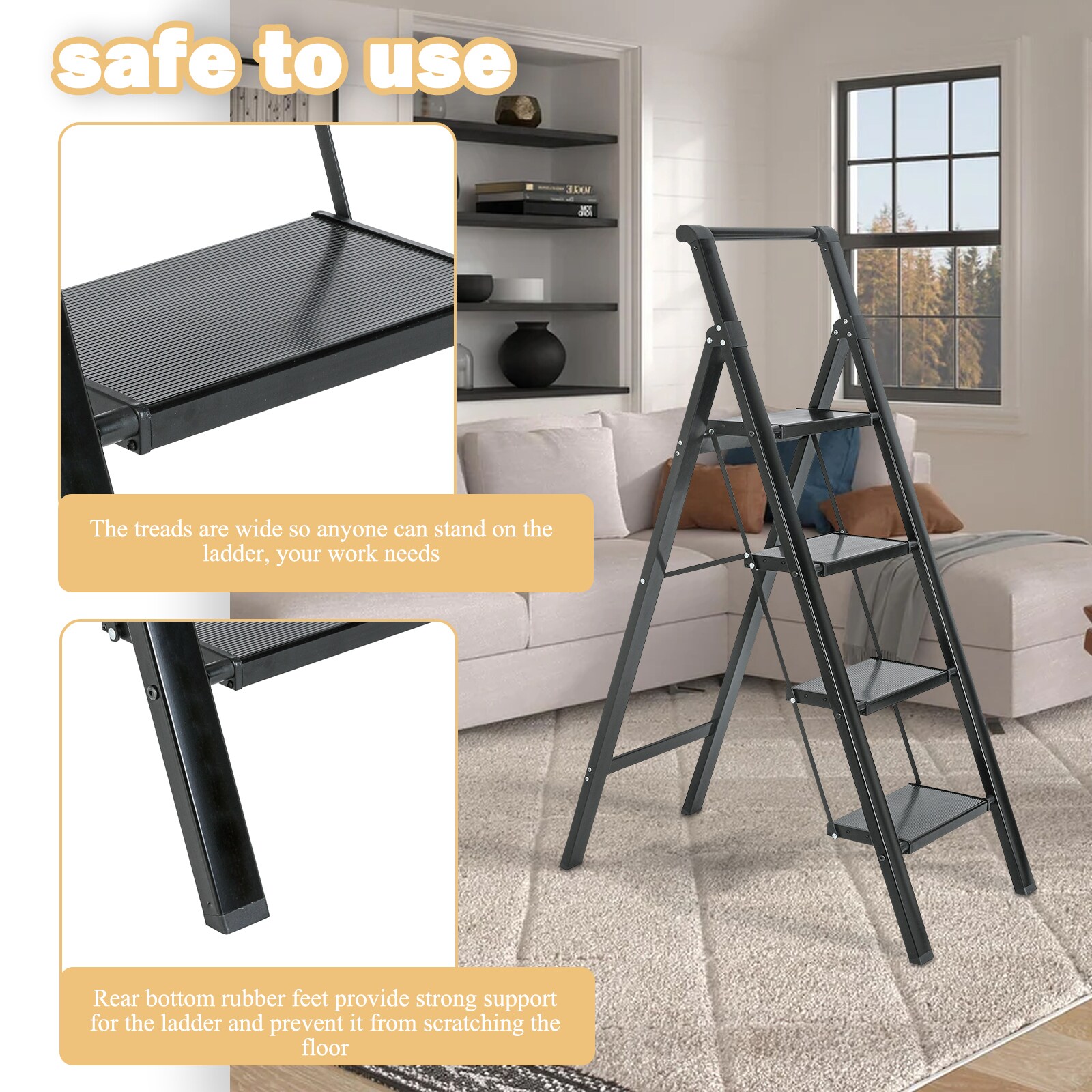 Taburete Plegable de Aluminio Negro Maocao Hoom 4-Pasos con Capacidad de 330 lb