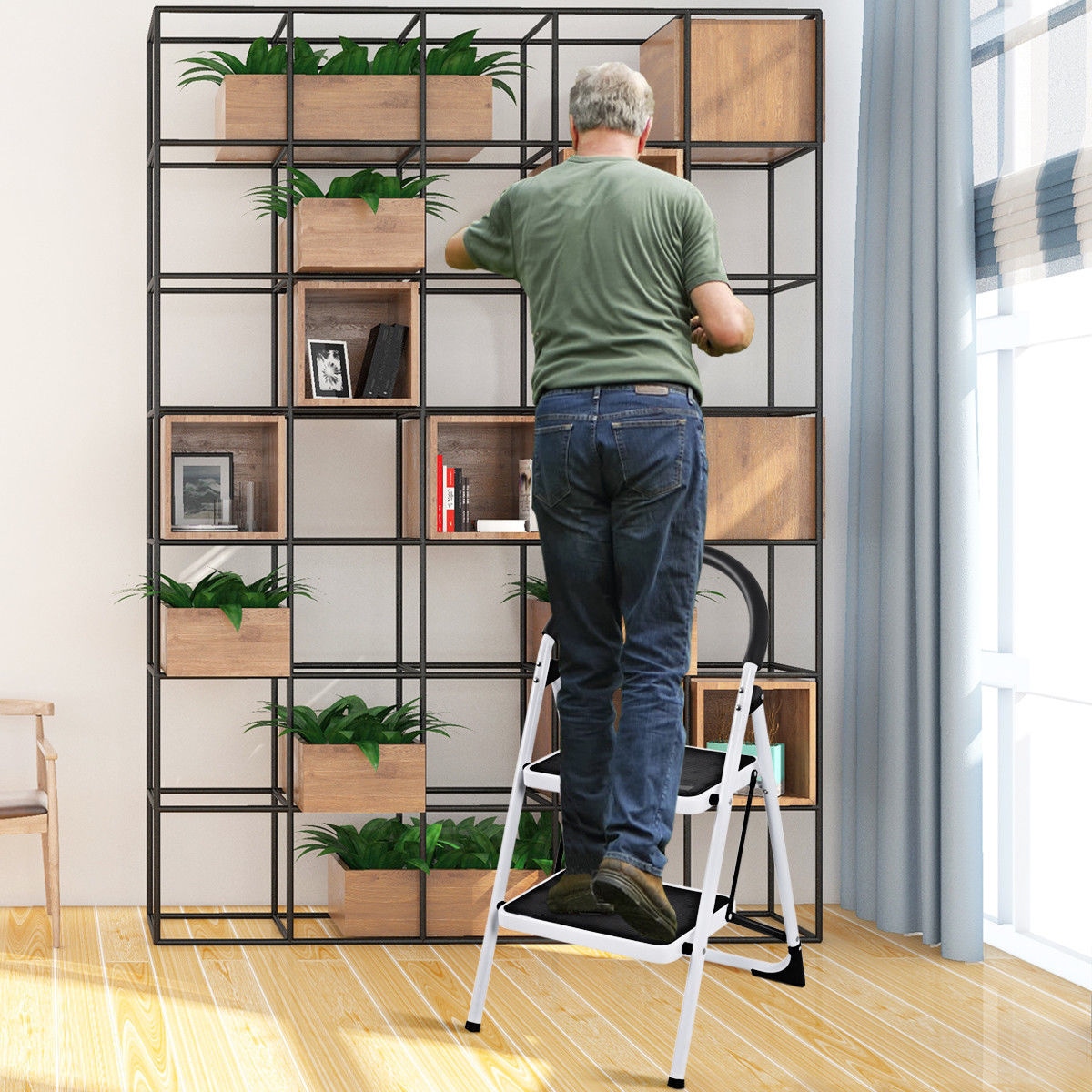 Taburete Plegable de Acero Negro con Capacidad de 330 lbs. de WELLFOR de 2 Peldaños
