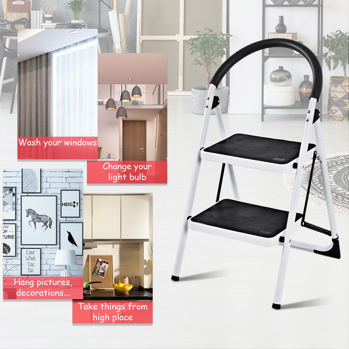 Taburete Plegable de Acero Negro con Capacidad de 330 lbs. de WELLFOR de 2 Peldaños
