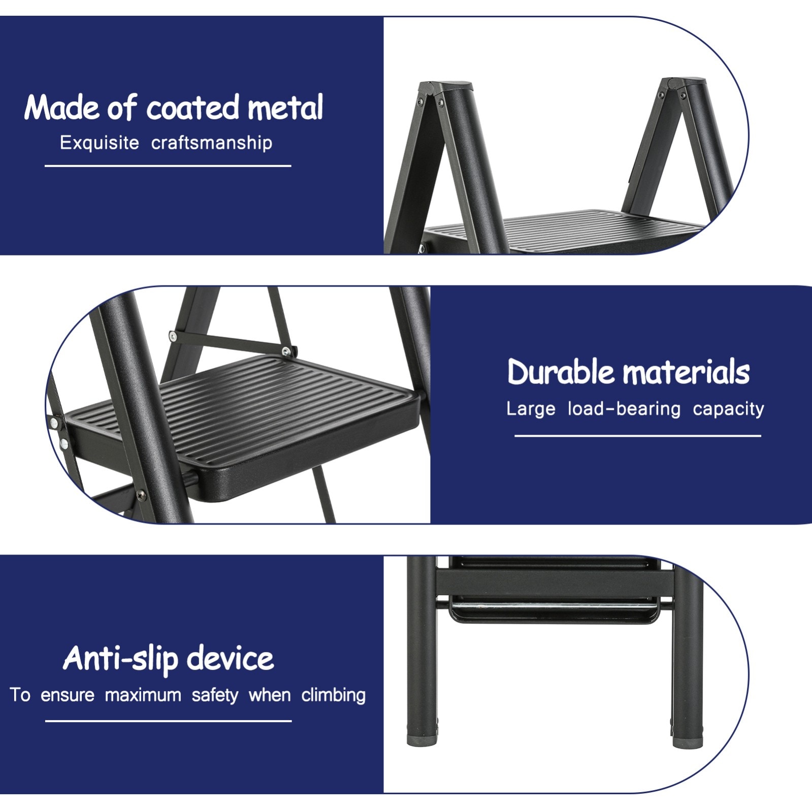 Escalera de 3 peldaños Siavonce - Capacidad de 330 lb - Acero negro plegable XH61735