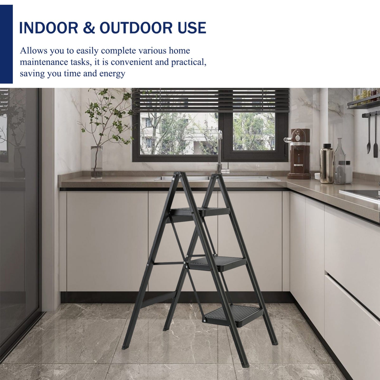 Escalera de 3 peldaños Siavonce - Capacidad de 330 lb - Acero negro plegable XH61735