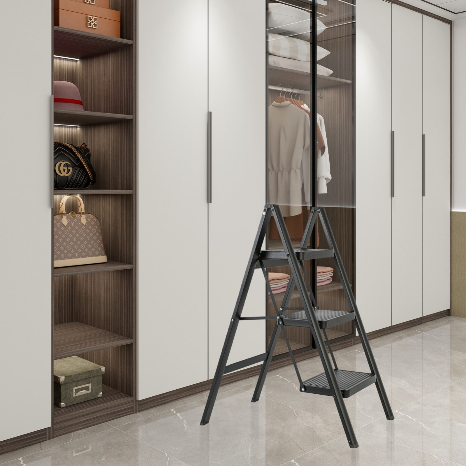 Escalera de 3 peldaños Siavonce - Capacidad de 330 lb - Acero negro plegable XH61735