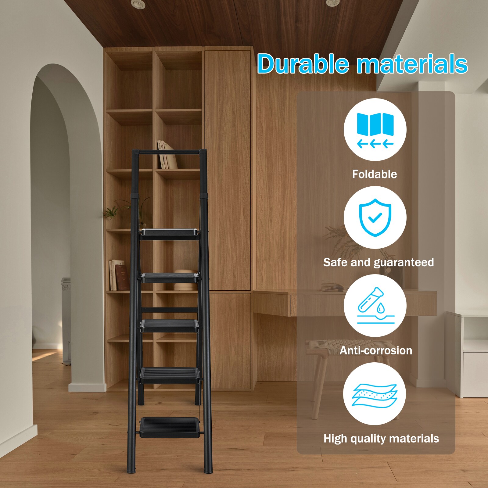 Escalerilla Plegable de Acero Negro con Capacidad de 150 kg y 5 Peldaños de Maocao Hoom