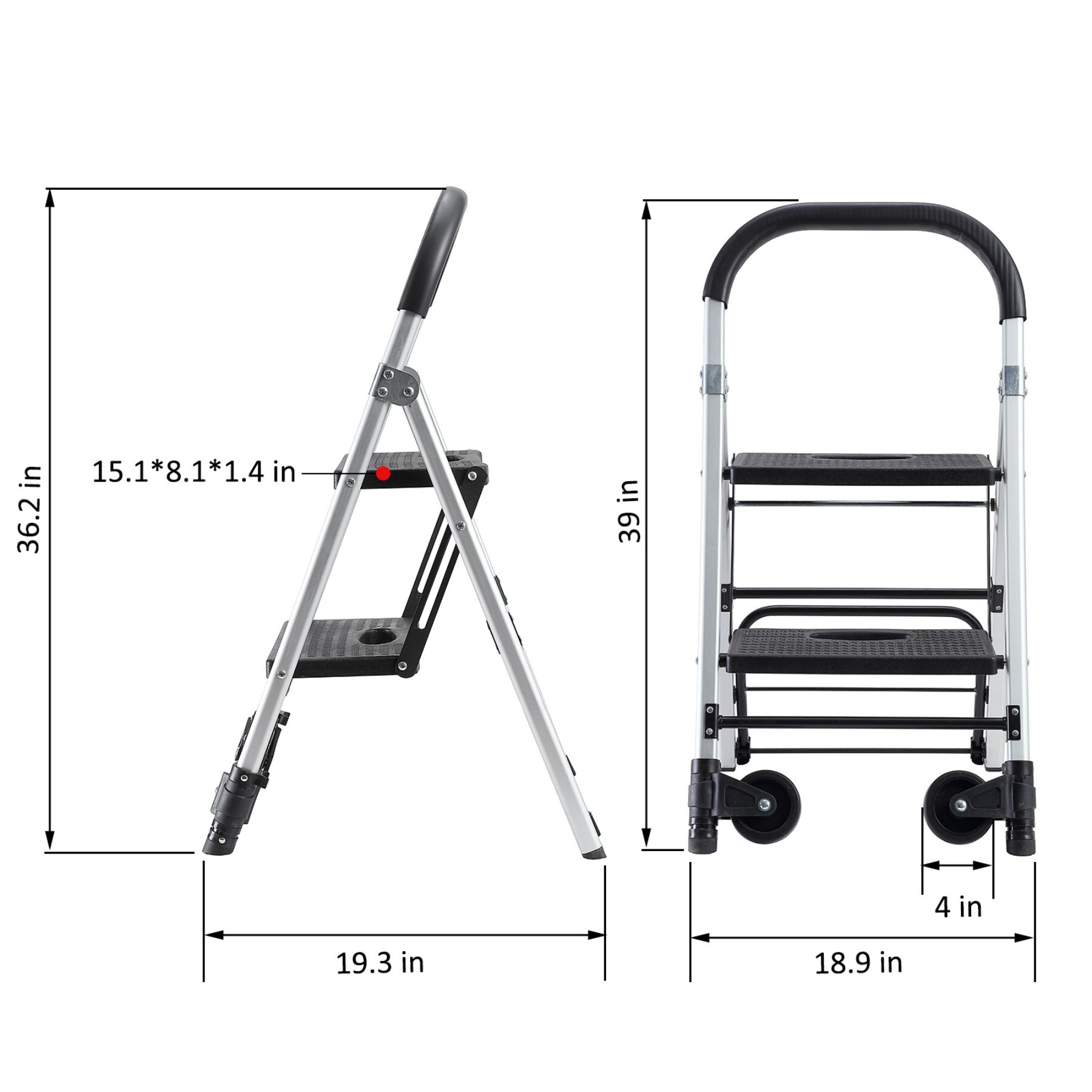 Escalera plegable de uso dual Maocao Hoom 2 peldaños Capacidad de 265 lb en aluminio negro.
