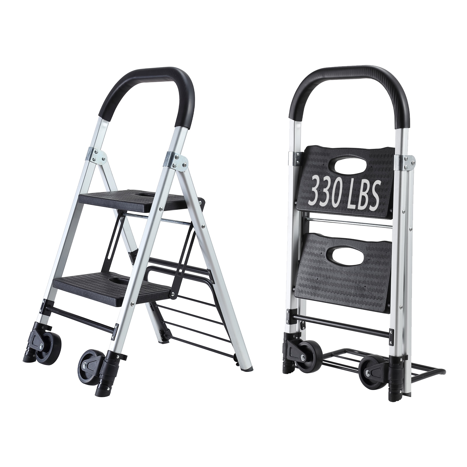 Escalera plegable de uso dual Maocao Hoom 2 peldaños Capacidad de 265 lb en aluminio negro.
