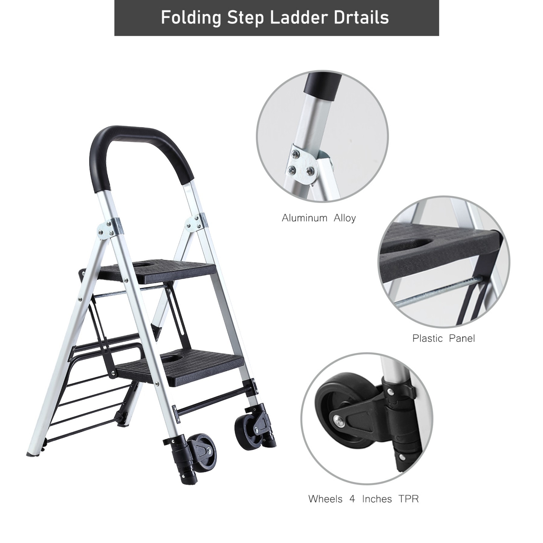 Escalera plegable de uso dual Maocao Hoom 2 peldaños Capacidad de 265 lb en aluminio negro.