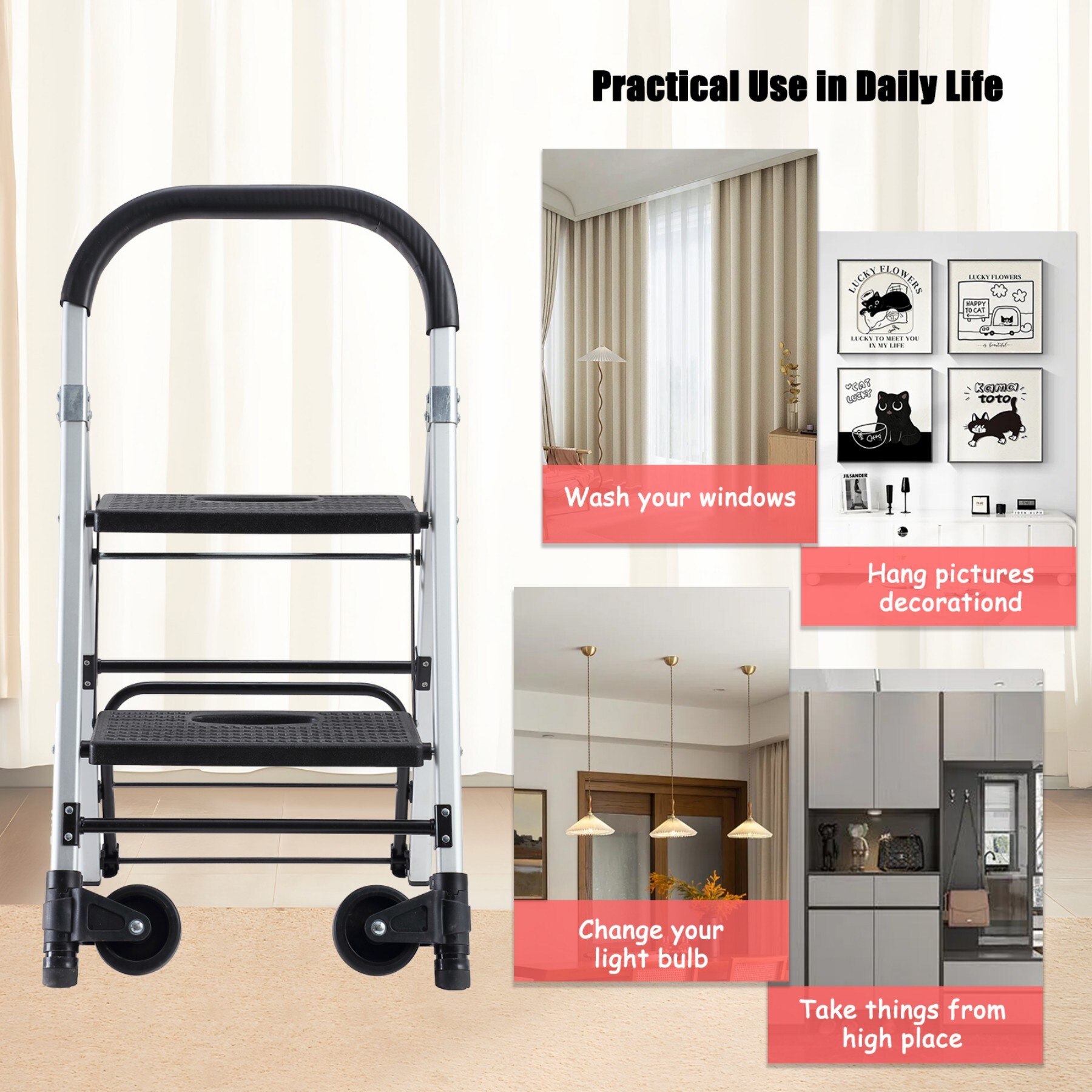 Escalera plegable de uso dual Maocao Hoom 2 peldaños Capacidad de 265 lb en aluminio negro.