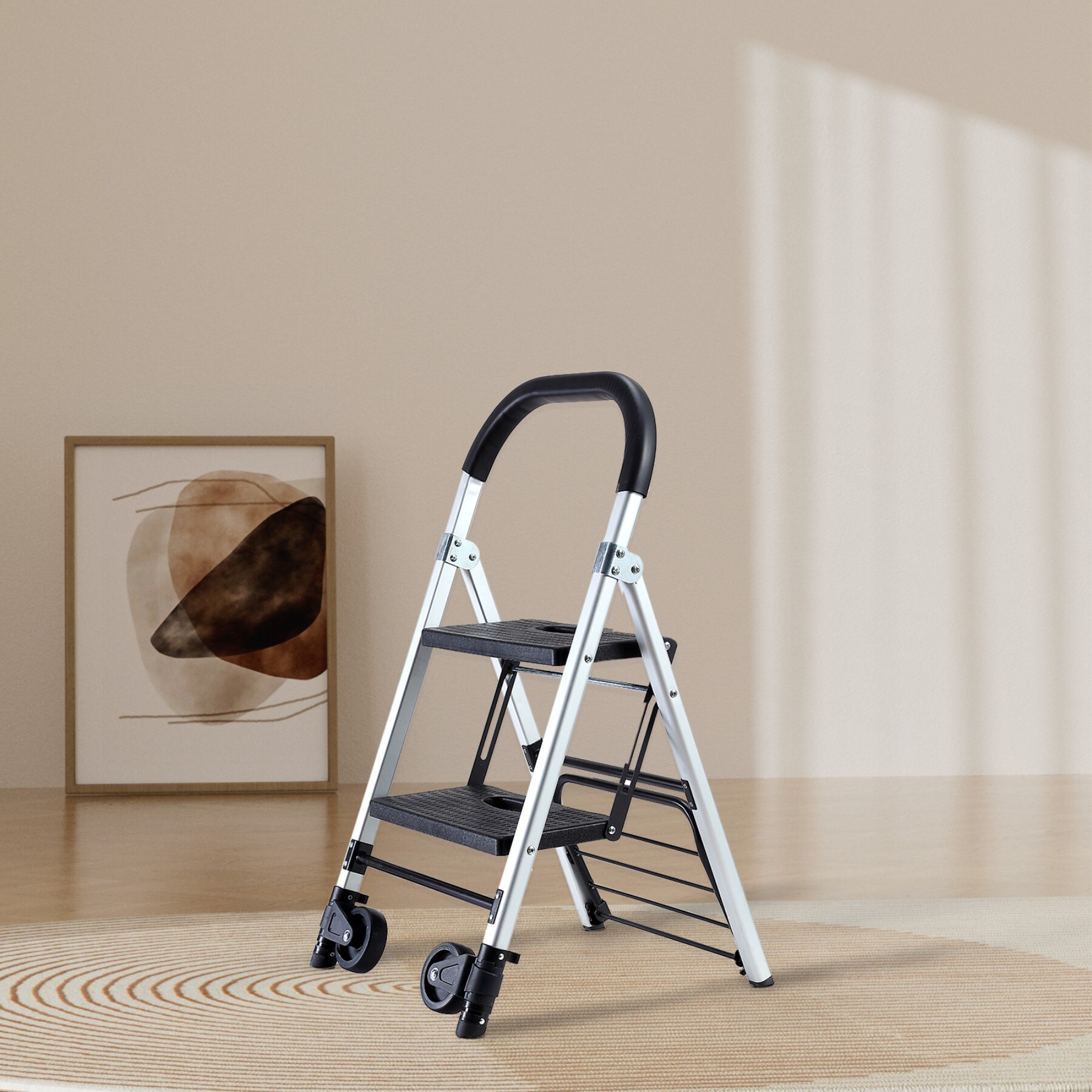 Escalera plegable de uso dual Maocao Hoom 2 peldaños Capacidad de 265 lb en aluminio negro.