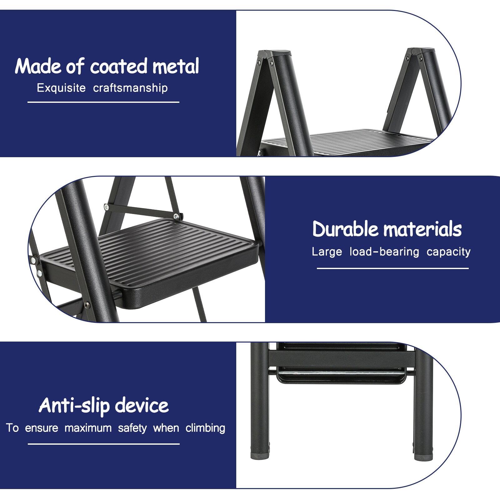 Taburete plegable de acero negro con capacidad de 330 libras de Maocao Hoom de 3 pasos - JL-F3-T3B